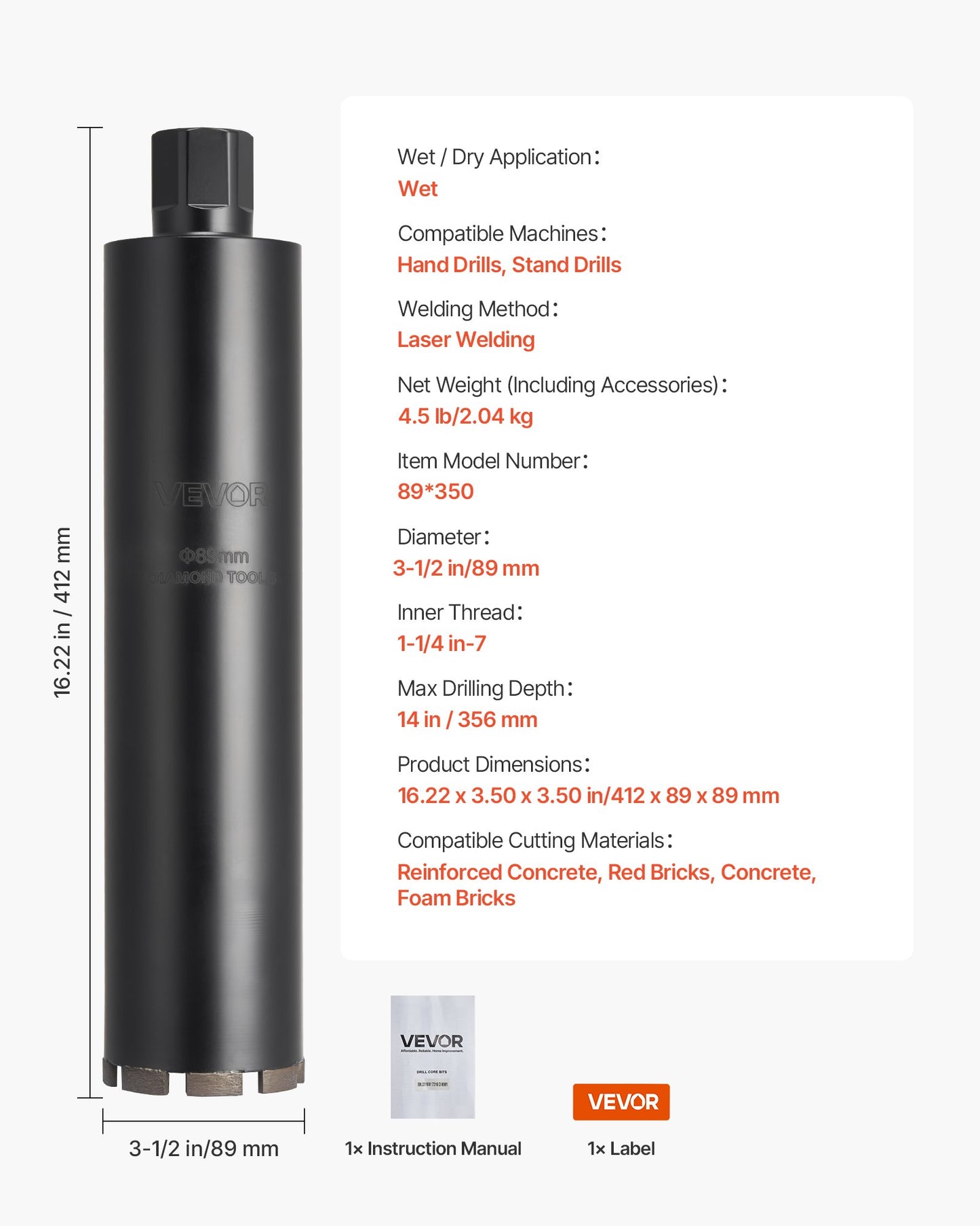 Core Drill Bit, 89 mm Diameter, 356 mm Drilling Depth, 1-1/4 in-7 Internal Thread, High-Precision Welding Technology, Wet Diamond Core Bit for Reinforced Concrete, Red Bricks, and Masonry