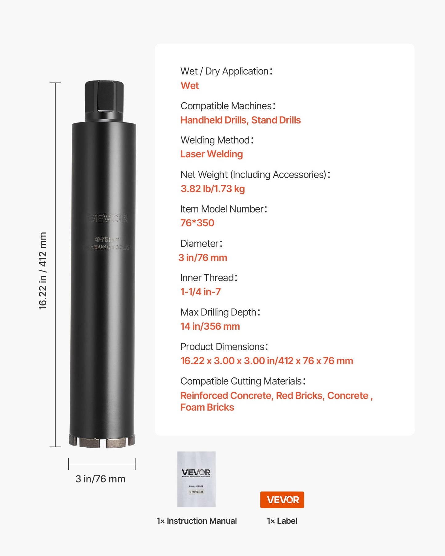 Core Drill Bit, 76 mm Diameter, 356 mm Drilling Depth, 1-1/4 in-7 Internal Thread, High-Precision Welding Technology, Wet Diamond Core Bit for Reinforced Concrete, Red Bricks, and Masonry