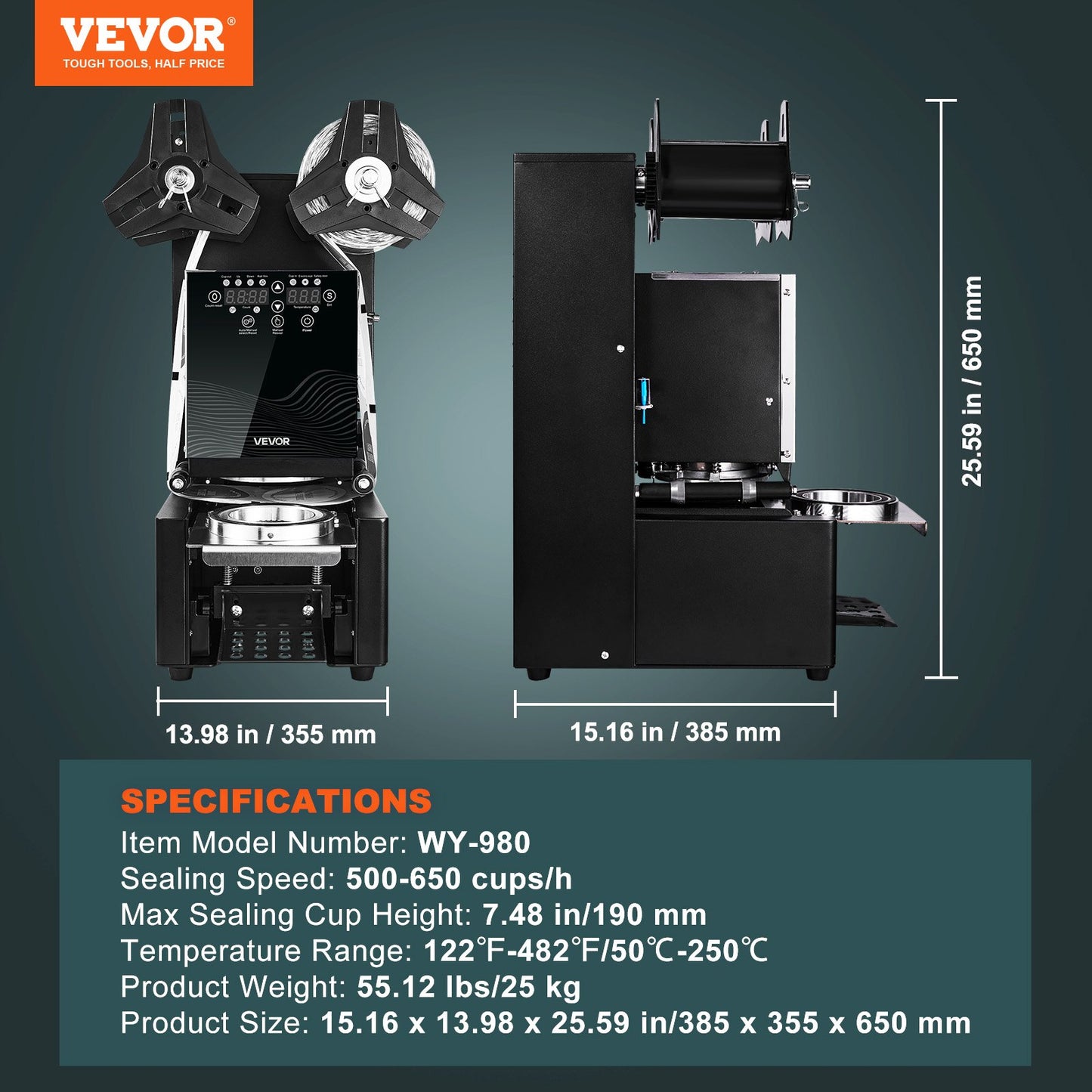 Helautomatisk koppförslutningsmaskin, 500-650 koppar/timme, koppförslutningsmaskin för 190 mm höga och 90/95 mm koppar, elektrisk Boba-teförslutare med digital kontroll-LCD-panel för bubbelmjölkste och kaffe, svart