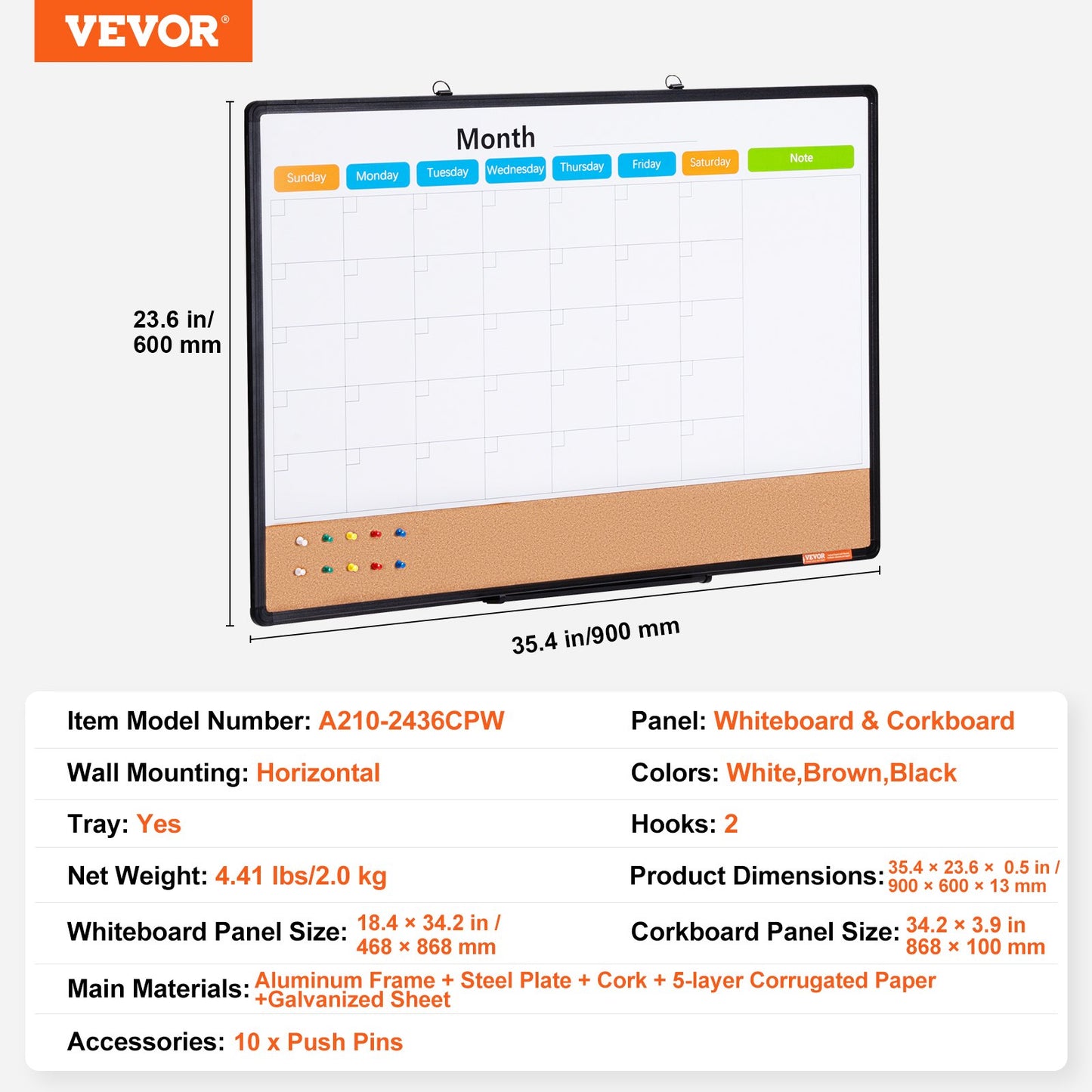 86 x 61 cm whiteboardtavla med månadskalender och korktavla i kombination med aluminiumram – 2-i-1 magnetisk whiteboardtavla med torr raderbar anslagstavla för väggmontering – Perfekt för skolan, hemmet, kontoret