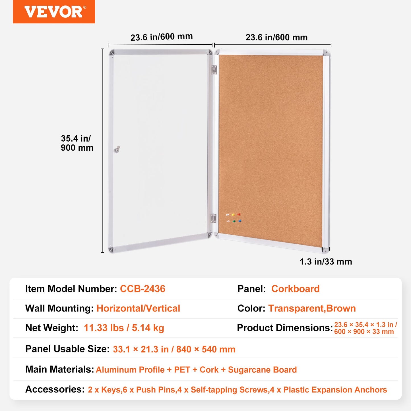 91 x 61 cm sluten korktavla med aluminiumram – Låsbar anslagstavla med akryldörr och 2 nycklar – Väderbeständig väggmonter för skola, hem, kontor