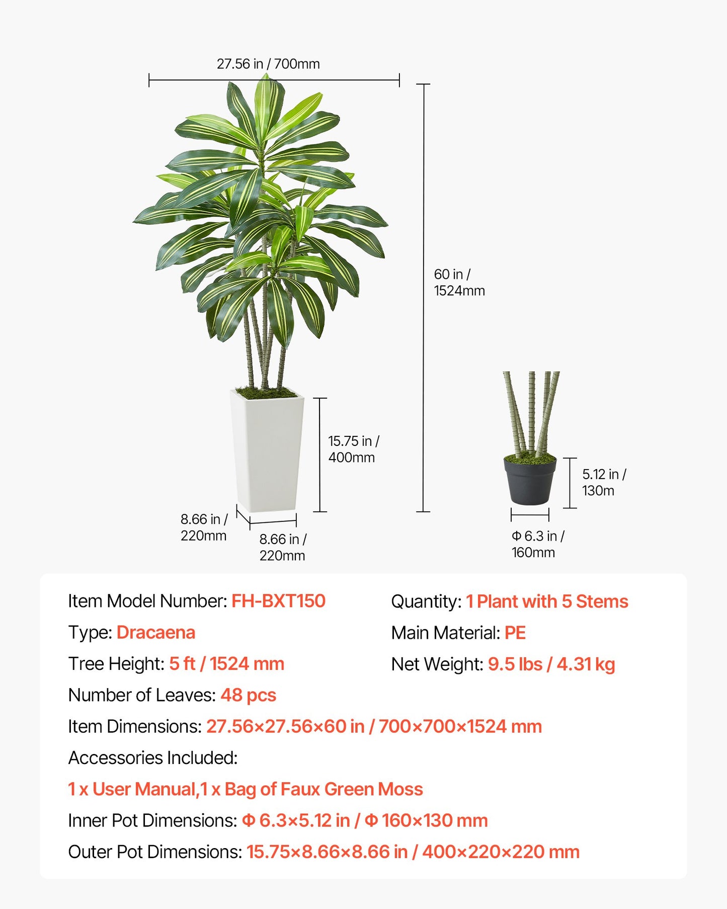 Konstgjord dracaenaträd 1524 mm, Konstgjord palm tropiska växter med vit hög kruka, Konstgjord golvsilkesväxt i kruka, Stora träd för hemmakontor vardagsrumsdekor inflyttningsrum, inomhus utomhus