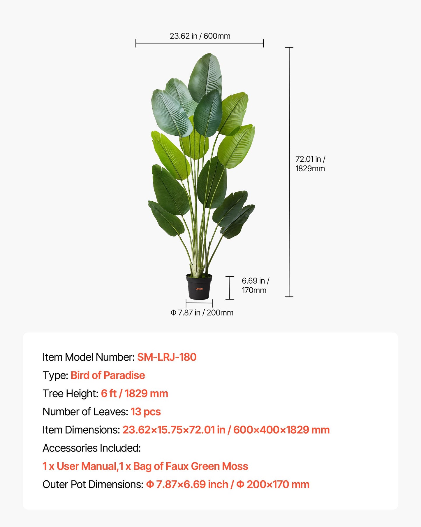 Konstgjord paradisfågel 1829 mm hög, falska tropiska växter med 13 stammar och vit kruka, konstgjord golvsilkesträd, stora träd för hemmakontor, vardagsrum, inflyttningsrum, inomhus utomhus