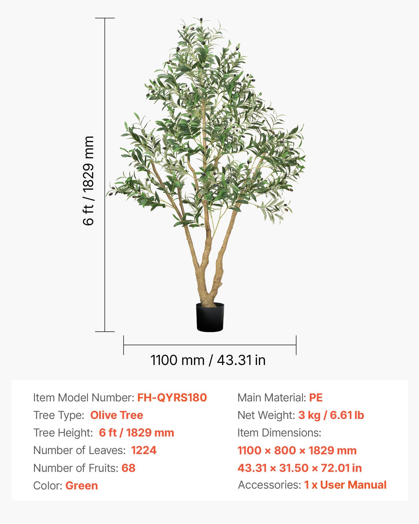 180 cm konstgjort olivträd med svart kruka, högt konstgjort träd med naturlig trästam och realistiska gröna blad och frukter, konstgjord inomhusväxt för hem, kontor, vardagsrum, hörndekor