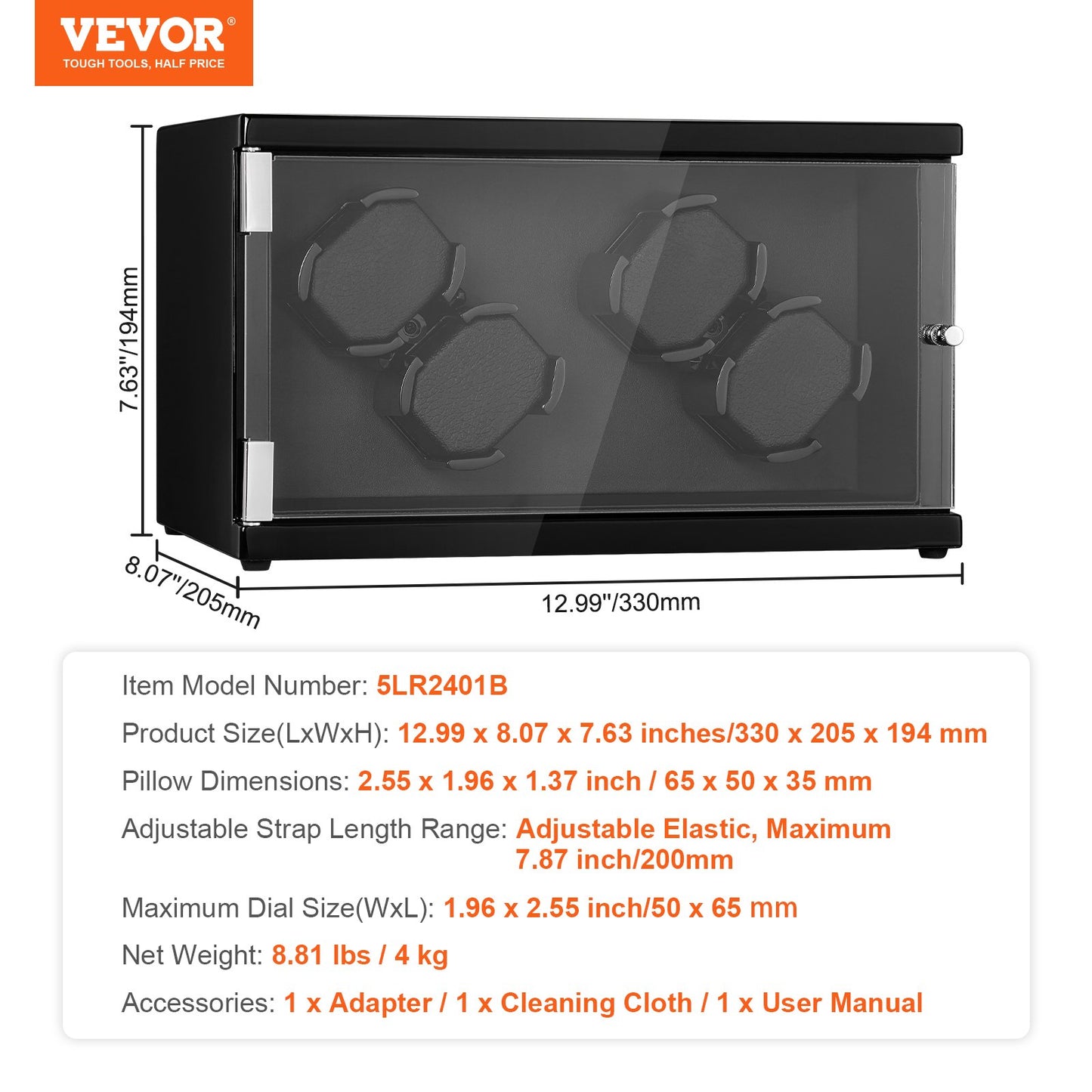 Klockuppdragare, klockuppdragare för 4 automatiska herr- och damklockor, med 2 supertysta japanska Mabuchi-motorer, blå LED-lampa och adapter, högdensitetskortsskal och svart PU