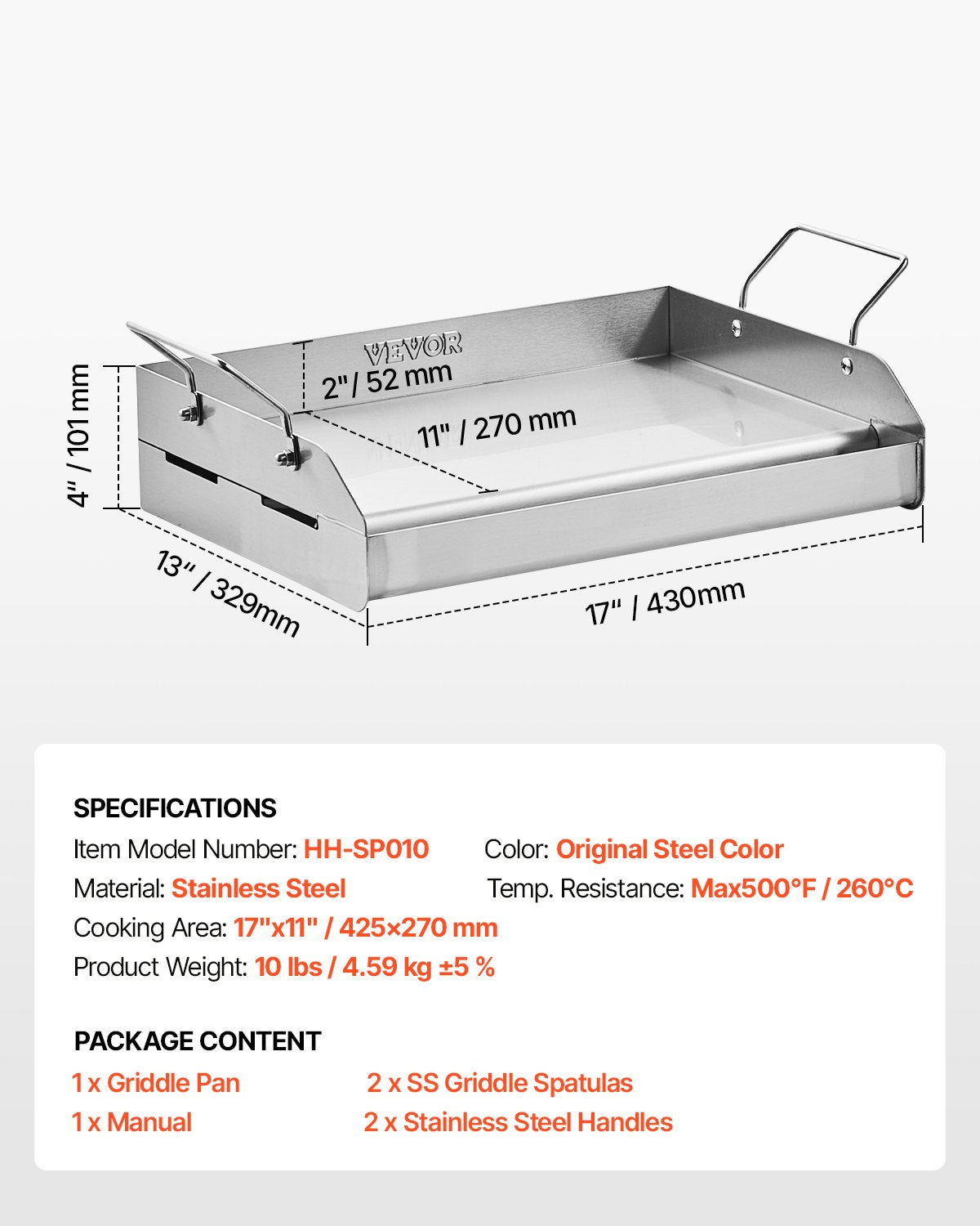 Stekplåt i rostfritt stål, 17x13 tum universal platt rektangulär platta, gasgrillstekplåt för BBQ-grill, Teppanyaki, bärbart familjeköksredskap med handtag, för camping, tailgating-fest