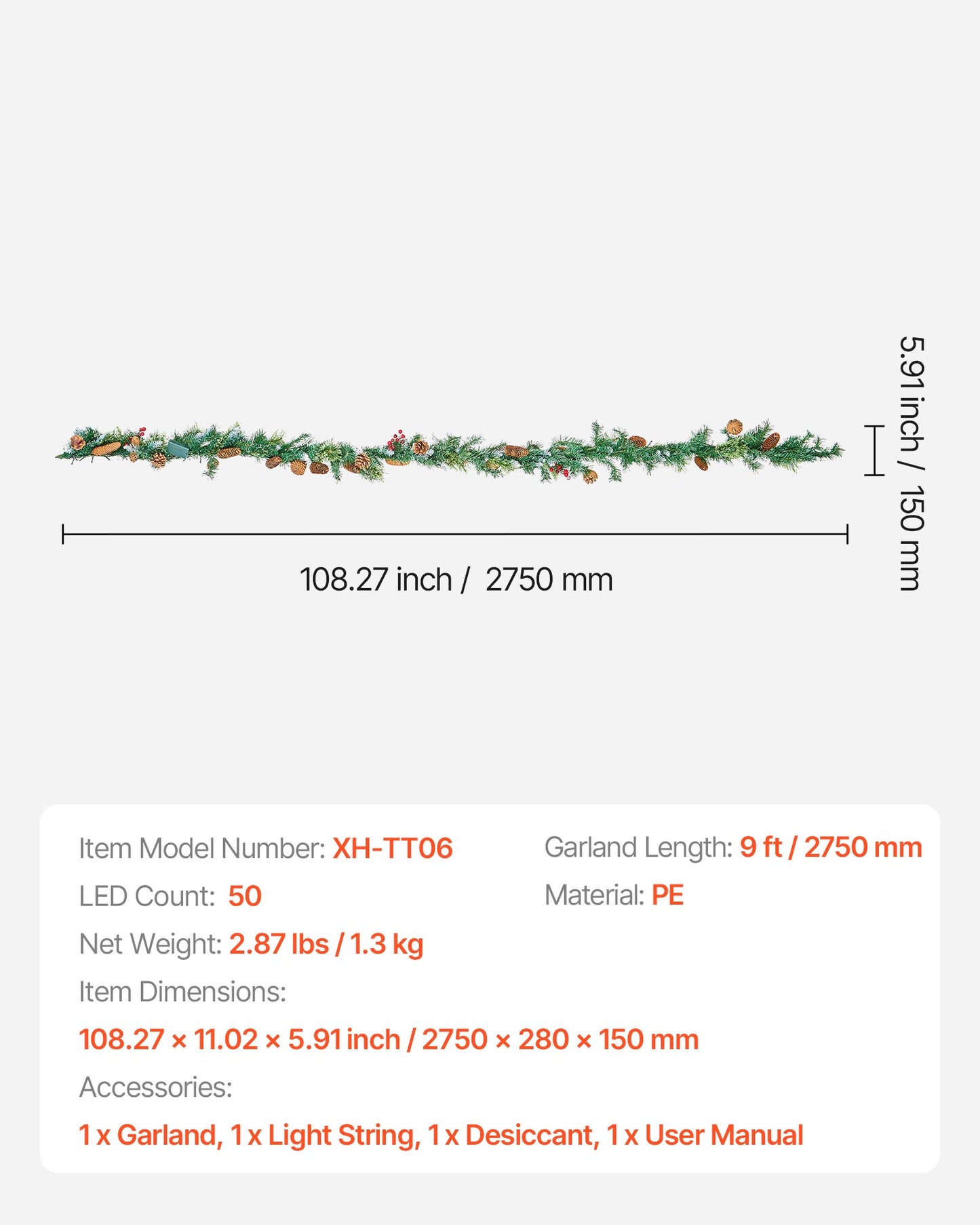 Julgirlang, 2750 mm konstgjord julgirlang med ljusslinga, konstgjord grönska med bärkluster, tallbarr, kottar, realistisk julsamling för spiselkrans