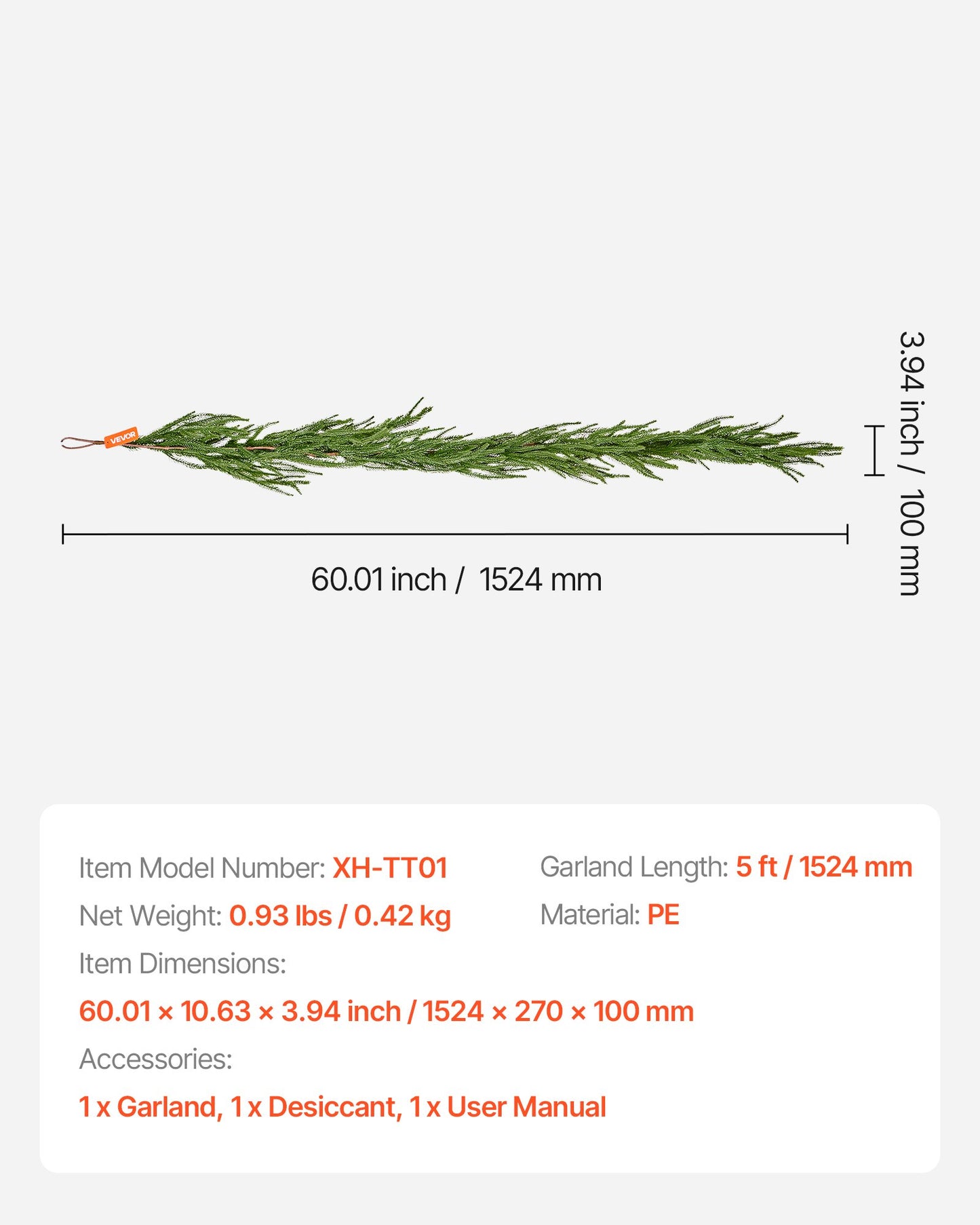 Julgirlang, 1524 mm realistisk girlang av Norfolkfuru, vintergröna konstgjorda girlanger med äkta touch, för juldekoration inomhus och utomhus på bord, spiselkrans och öppen spis