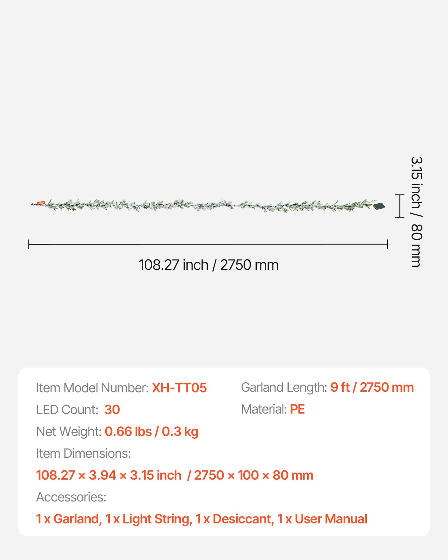 Julgirlang, 2750 mm realistisk grönska dekorerad med vinrankor, olivblad och bär, vintergröna konstgirlanger med ljusslinga för inomhus- och utomhusjuldekoration på manteleldstad