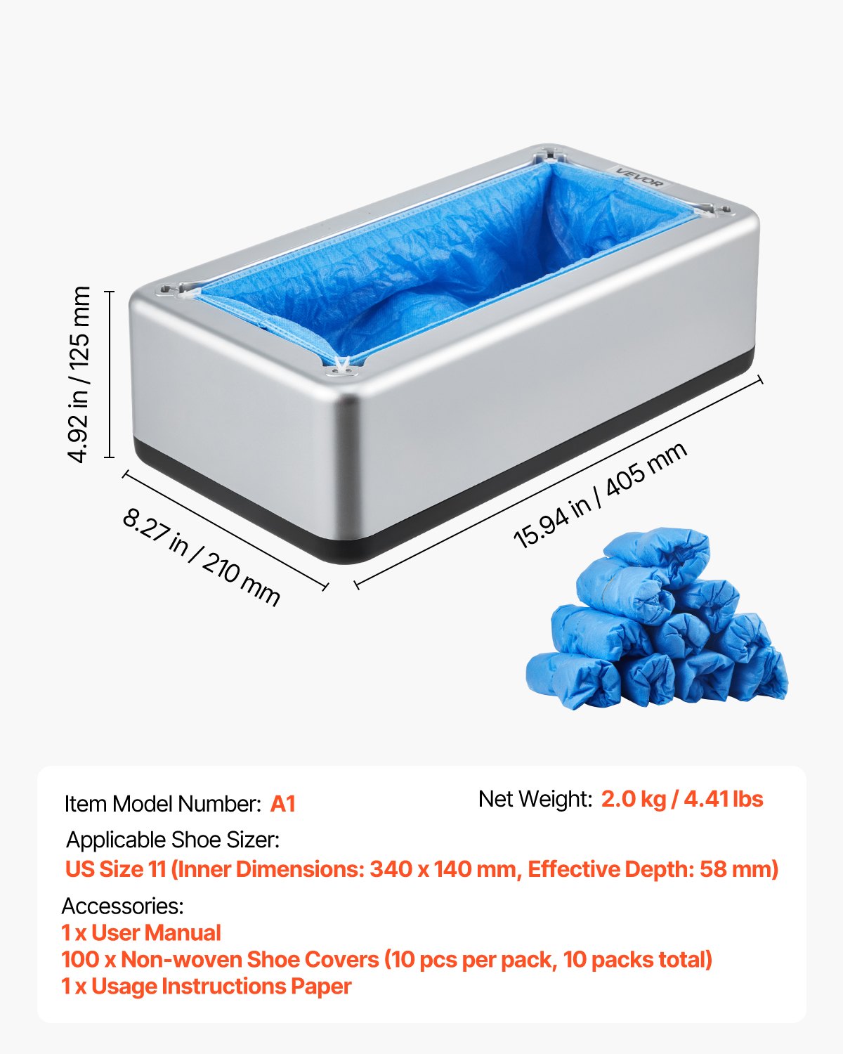 Skoskyddsdispenser passar upp till US 11 / EU 44 med 100 engångsskydd i plast
