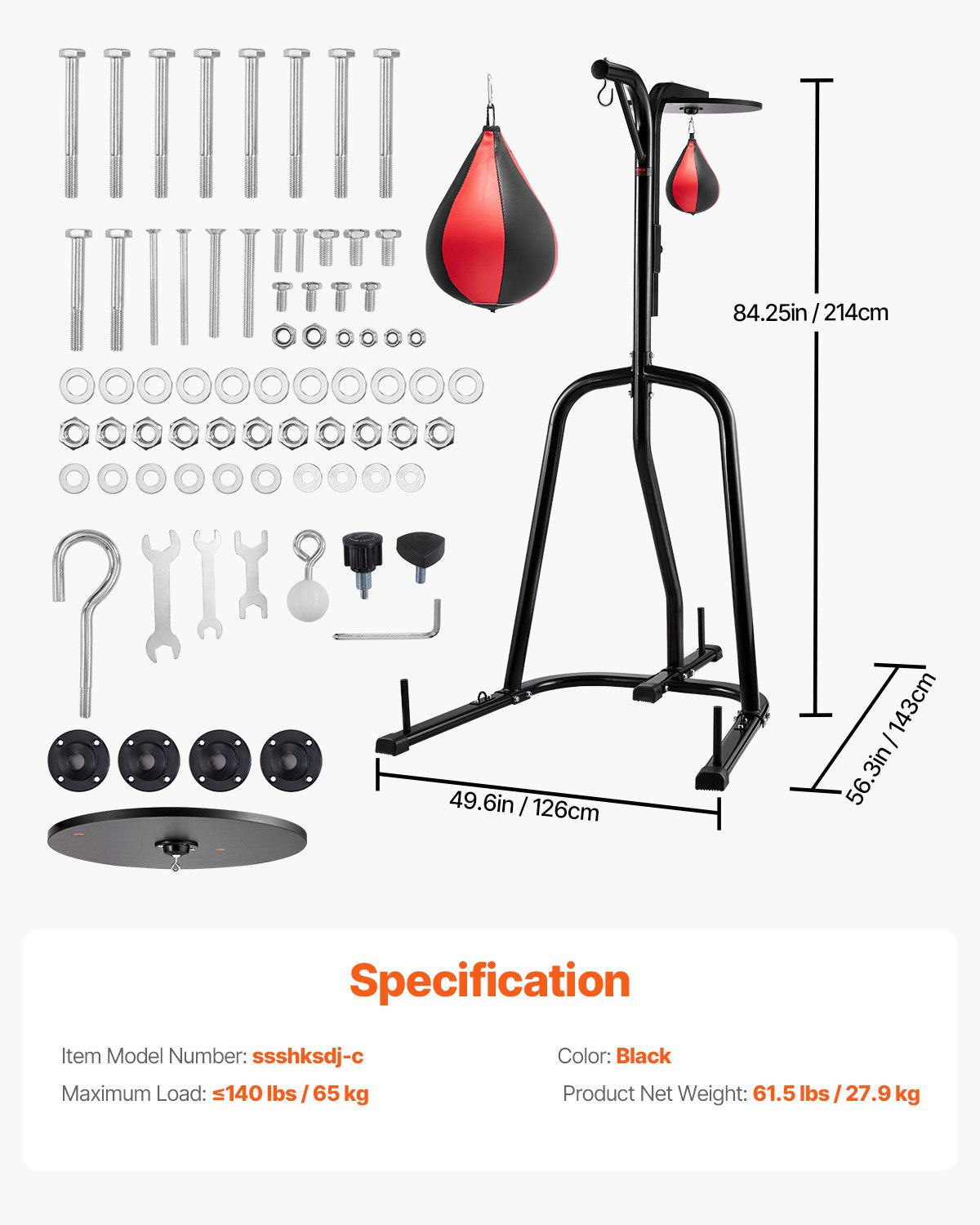 2-i-1-ställ för boxningssäck, kraftig träningsutrustning i stål, justerbar höjd för boxningssäck och speedbag-ställ, fristående sandsäcksställ, rymmer upp till 140 lbs, för hemmagym och fitness