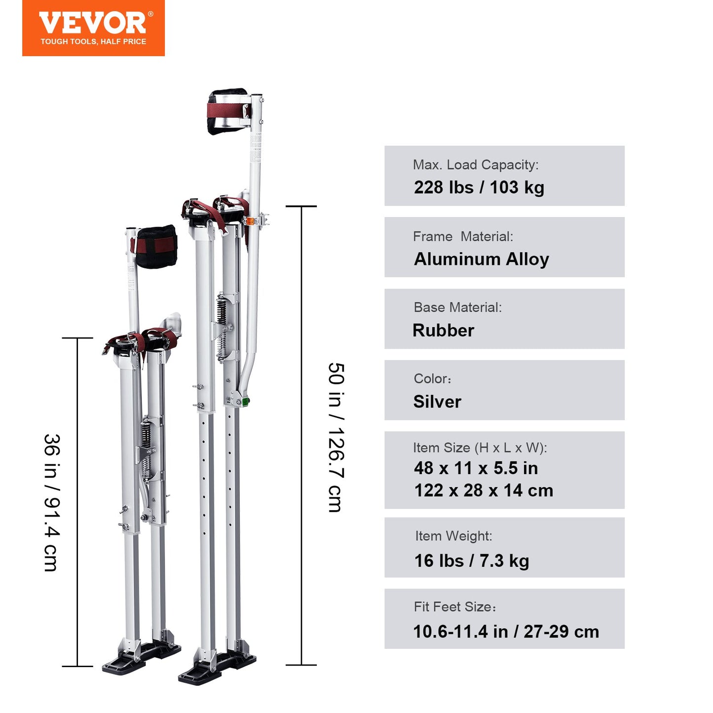 Gipsstöttor, 91,4 cm-127 cm justerbara verktygsstöttor i aluminium med skyddande knäskydd, slitstarka och halkfria arbetsstöttor för gipsskivor, gång, tejpning, silver