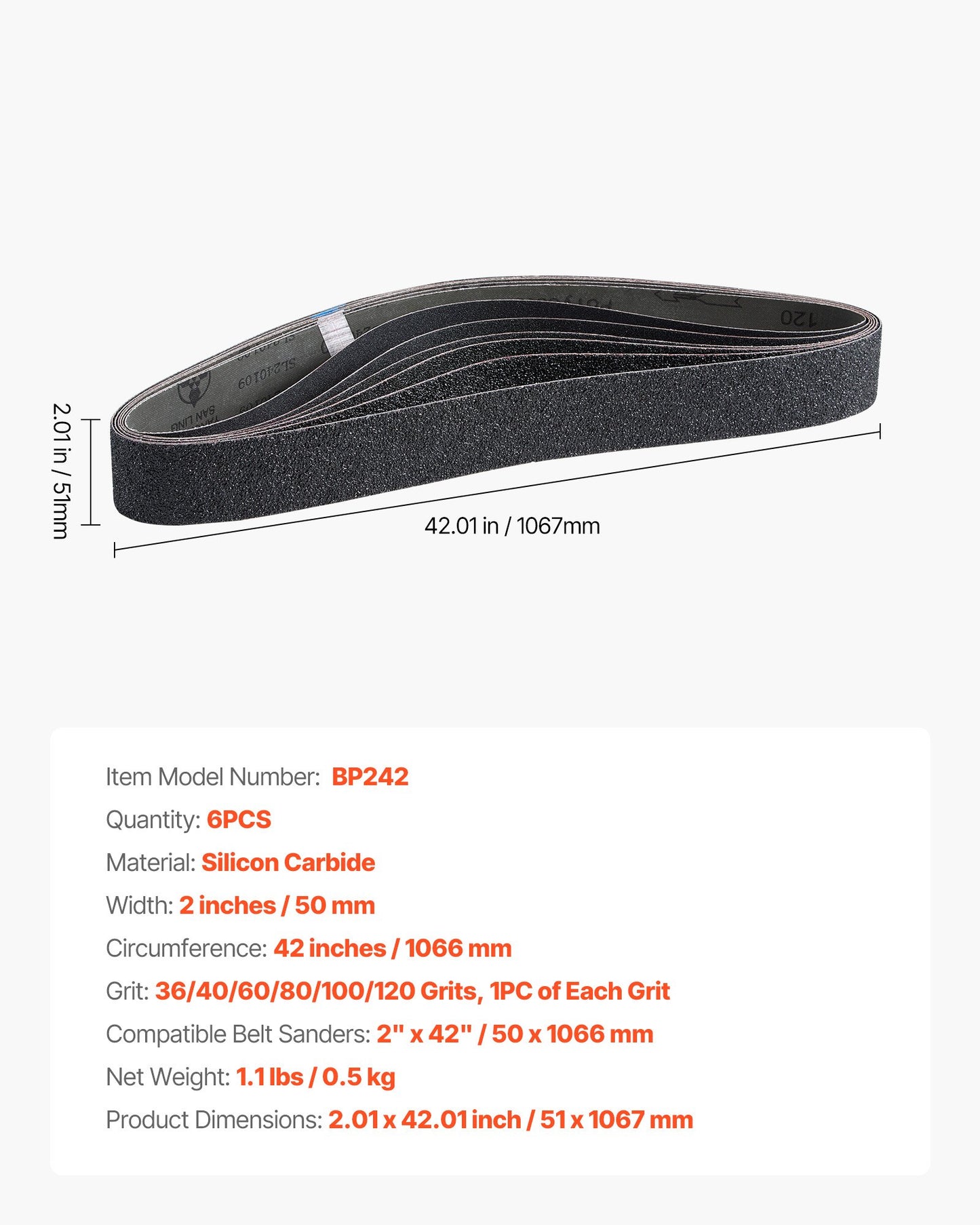 Slipband, 50 mm x 1066 mm bandslipband, 6 st (vardera 36 40 60 80 100 120 blandade korn) kiselkarbid för knivslipning, metallbearbetning, kompositer, plastbehandling