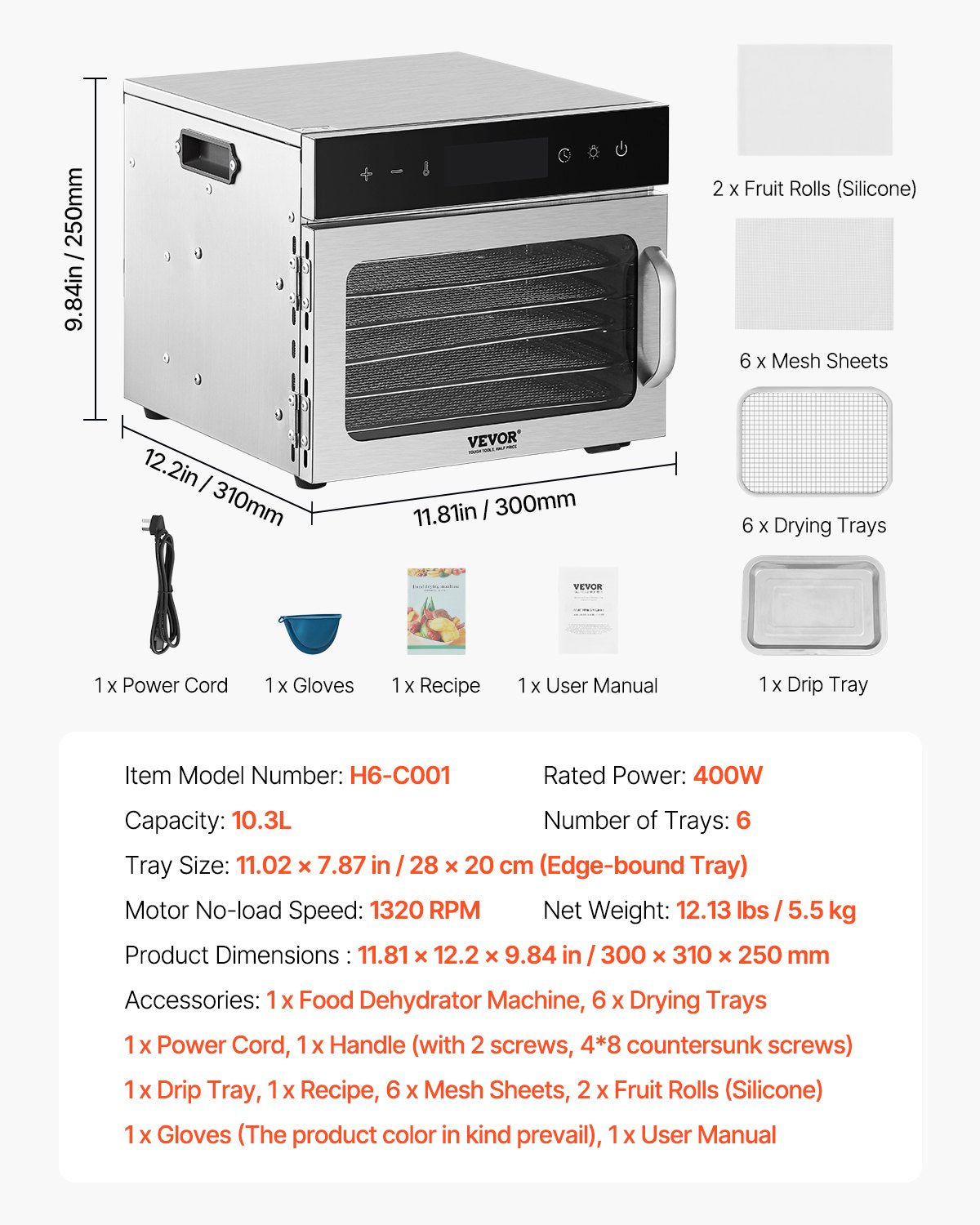 Livsmedelstorkmaskin, 6 rostfria stålbrickor, 400W elektrisk livsmedelstork med justerbar temperatur och 24-timmars timer, frystork för jerky, kött, frukt, grönsaker, örter, hundgodis