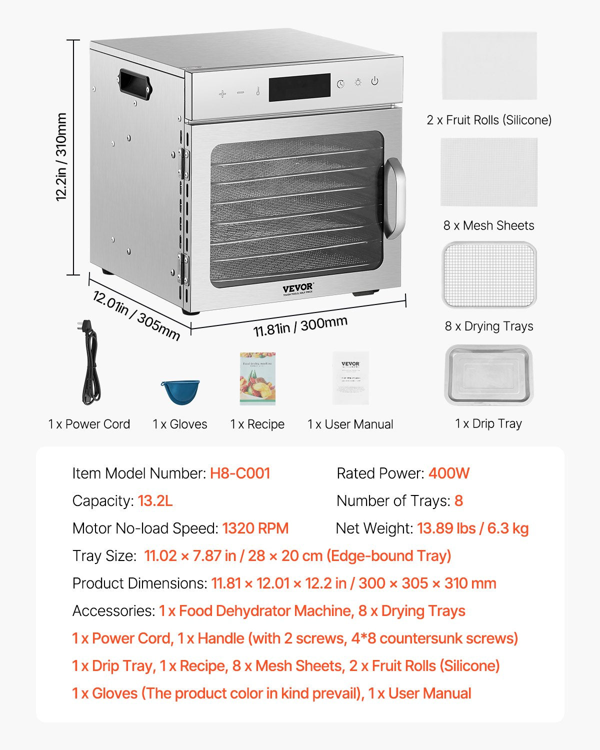 Livsmedelstorkmaskin, 8 rostfria stålbrickor, 400W elektrisk livsmedelstork med justerbar temperatur och 24-timmars timer, frystork för jerky, kött, frukt, grönsaker, örter, hundgodis