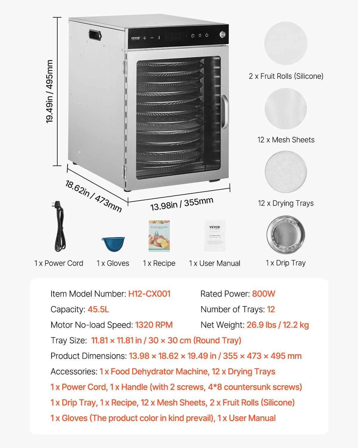 Roterande torkmaskin för livsmedel, 12 brickor i rostfritt stål, 800W elektrisk torktumlare med justerbar temperatur och 24-timmars timer, frystork för jerky, kött, frukt, grönsaker, örter, hundgodis
