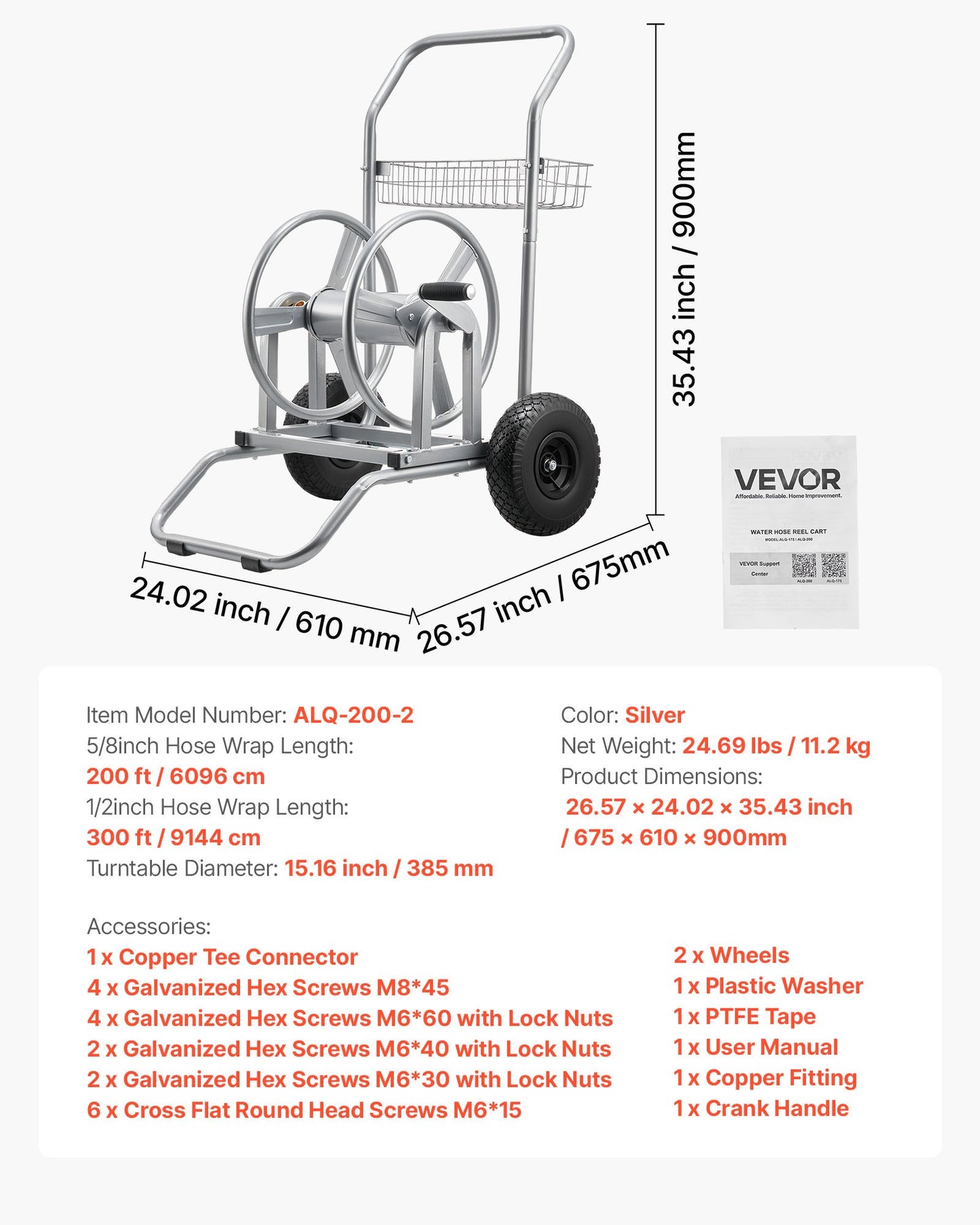 Water Hose Reel Cart, 6096/9144 cm High-Pressure Garden Hose Cart, Hoses Reel Carts with Two Wheels, Handle & Heavy-Duty Mesh Storage Basket, Dual-Purpose Portable Hoses Reels for Garden, Car