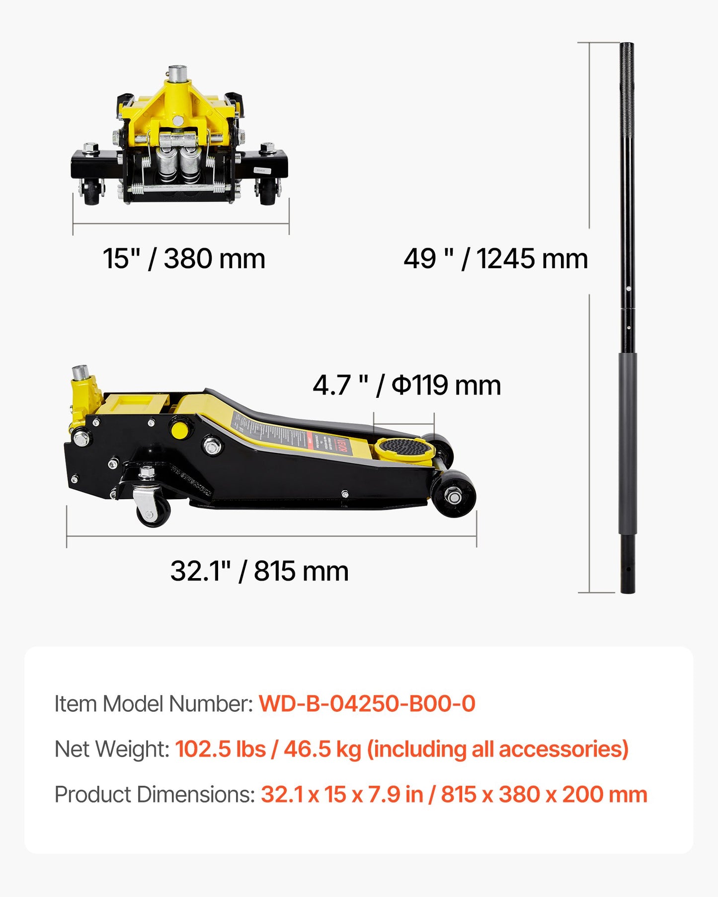 Lågprofildomkraft, 4 tons kapacitet, ståldomkraft med dubbla kolvar, snabblyftpump, hydraulisk vagnslyft för SUV, lyftområde 100–545 mm, gul och svart