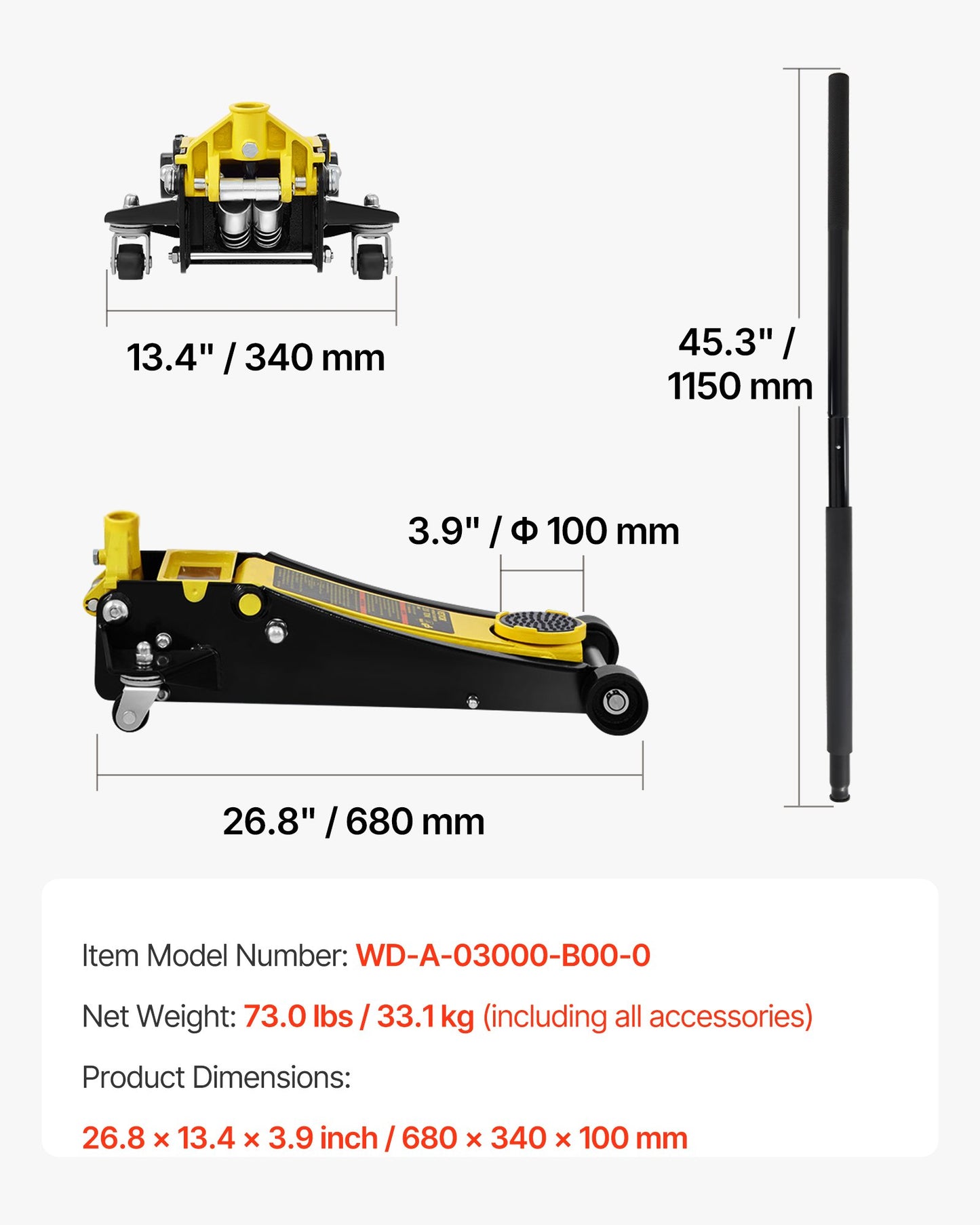 Domkraft, 3 tons lågprofilsdomkraft, kraftig ståldomkraft med dubbla kolvar, snabblyftpump, lyftområde för domkraft 3,35"-19,69"