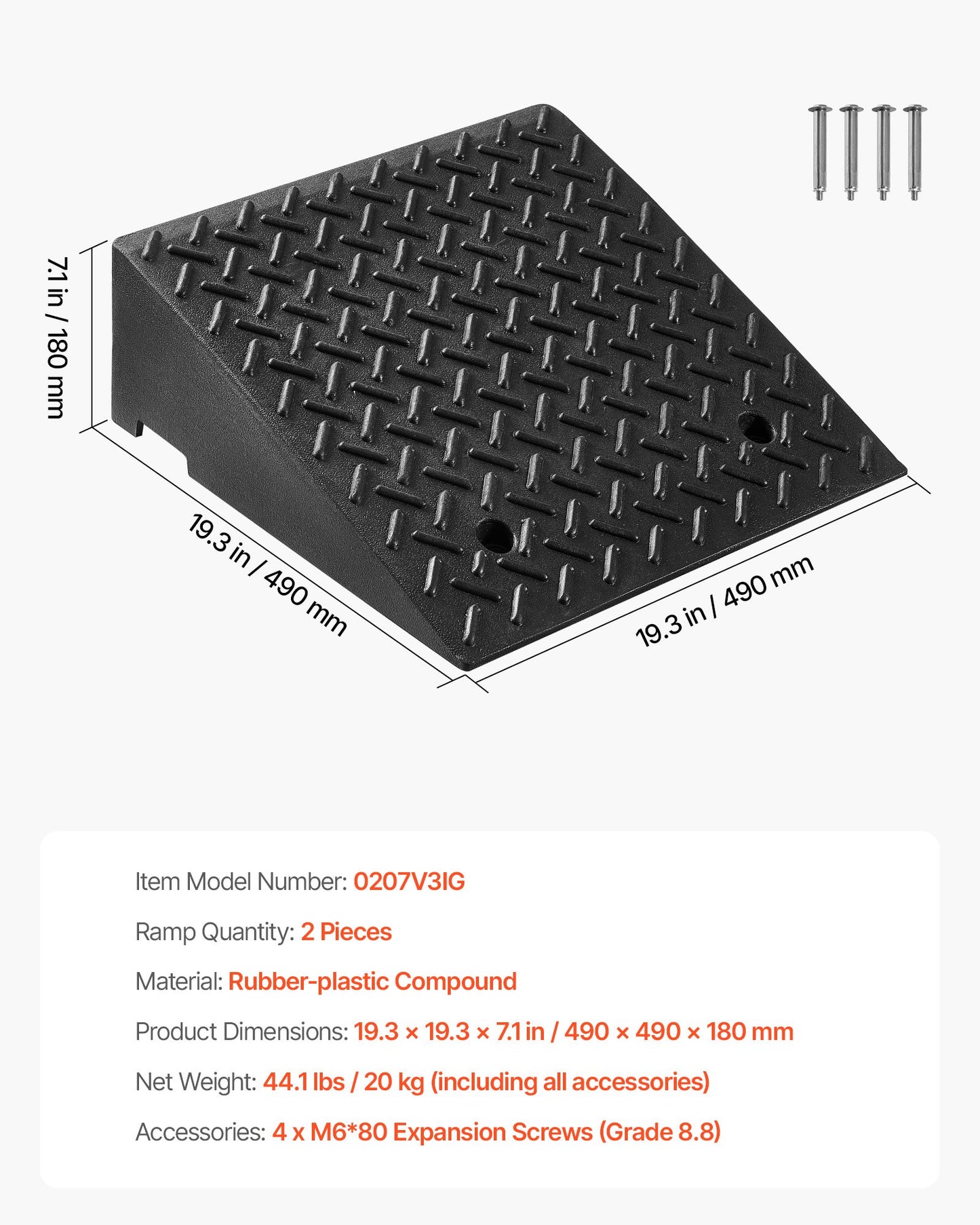 Uppfartsramp, 3,175 ton lastkapacitet, 17,8 cm stigningshöjd Kraftig trottoarkantsramp med dräneringstank för rullstolar, barnvagnar, motorcyklar, bilar, gräsklippare och släpvagnar, 2-pack
