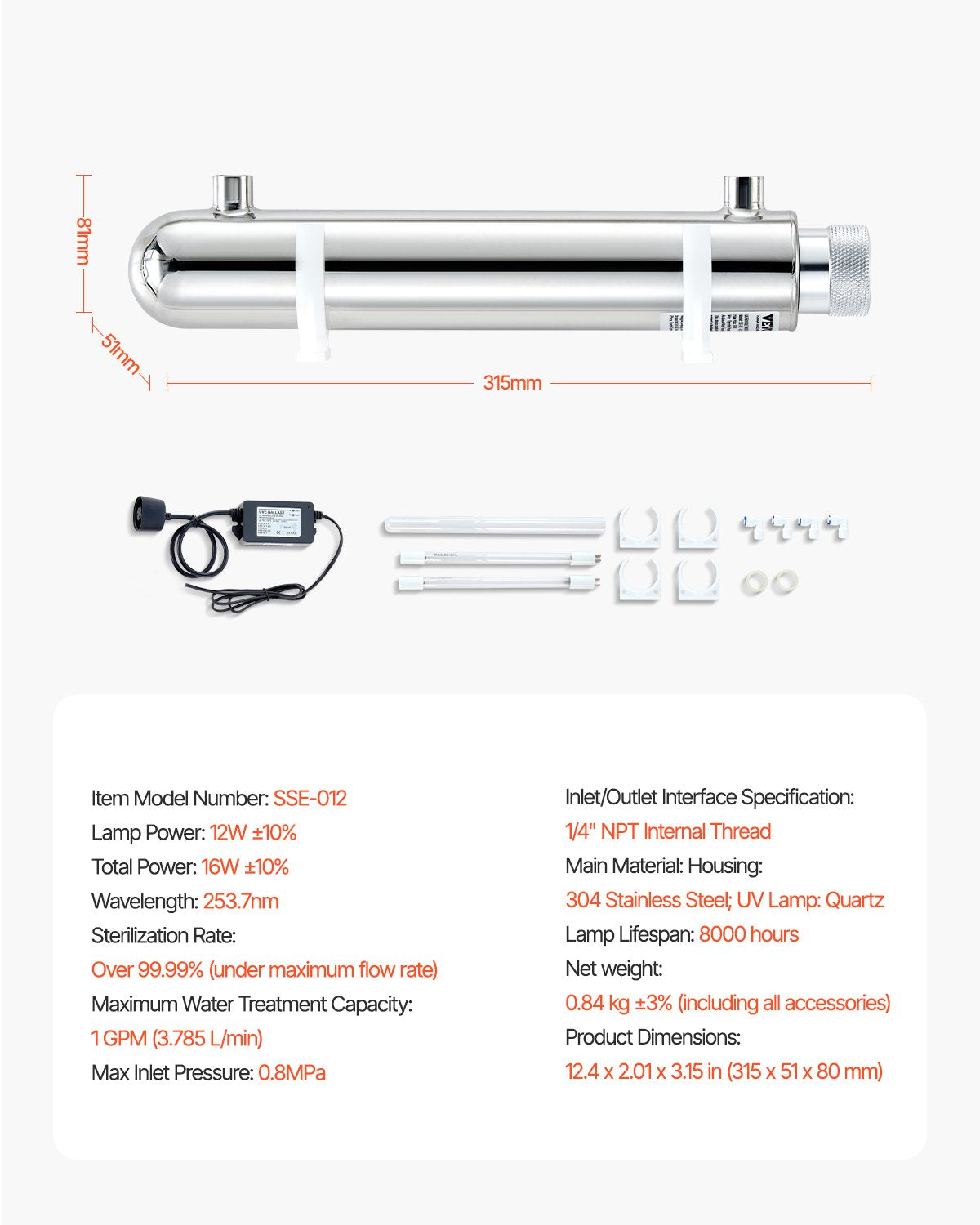 UV-vattenrenare, 12W 1GPM, 220V mångsidigt ultraviolett vattenrenarfilter med hölje i rostfritt stål, UV-vattenfilter för hela huset med kvartshylsa, lämplig för dusch/drickande/rengöring