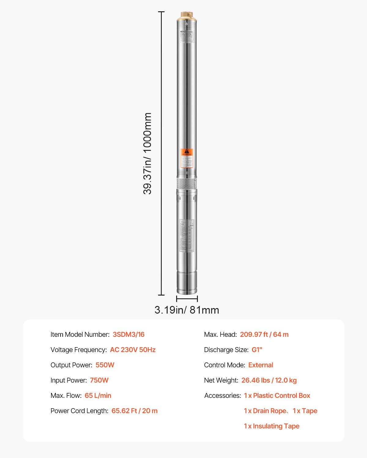 Dränkbar djupbrunnspump, 550 W uteffekt, 230 V, 65 l/min flöde, 64 m (210 fot) tryckhöjd, med 20 m (65,62 fot) sladd, extern kontrollbox, vattenpump i rostfritt stål, för industriell bevattning och hemmabruk, IP68