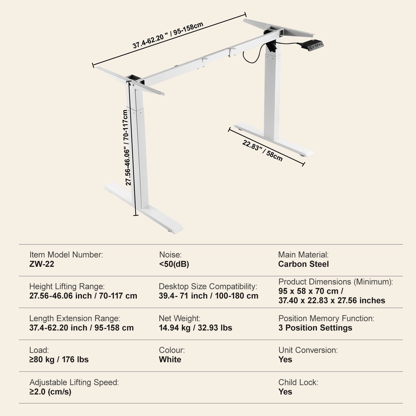 Stående skrivbordsram, justerbar 70-117 cm höjd och 95-158 cm längd elektriska ståben för datorbord, ergonomisk gör-det-själv-arbetsstation för hem och kontor (endast vit ram)
