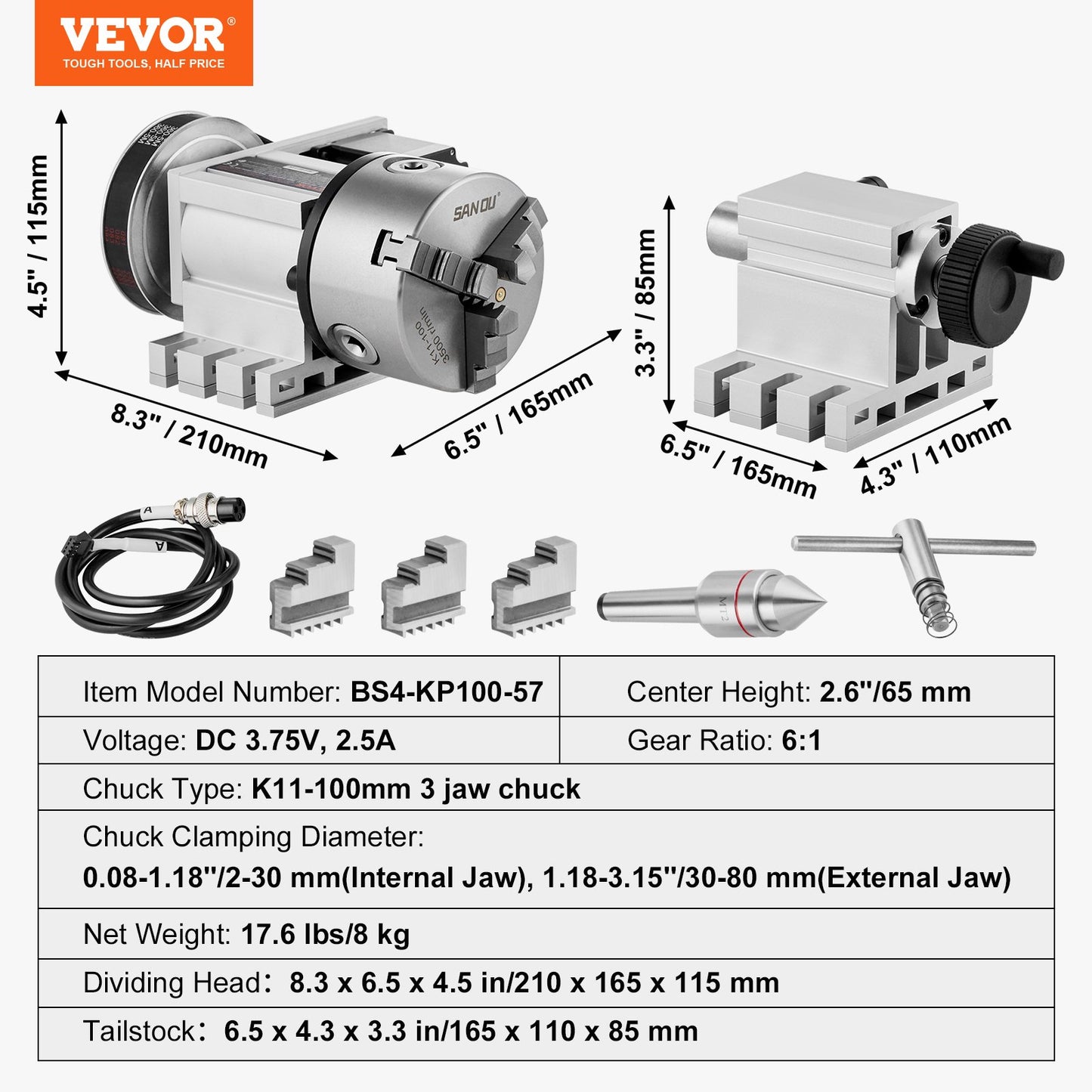Delningshuvud, K11-100 mm 3-käftschuck, CNC-fräsmaskin Rotationsaxel 4:e axel A-axel indexeringshuvud, 66 mm (2,6 tum)/65 mm centrumhöjd MK2-dubbdocka 6:1 utväxling, universal för gravyr