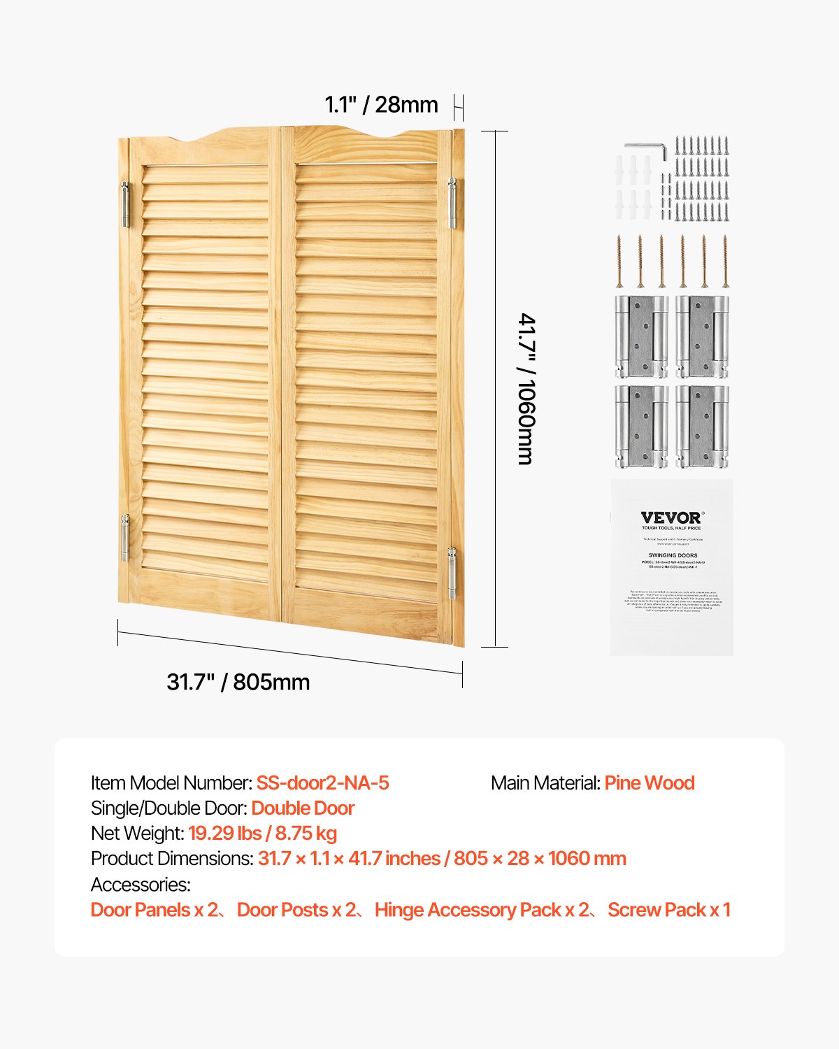 Swinging Cafe Doors, Arched Top Interior Saloon Doors 81.3 x 106.7 cm, Double Action Made of Pine Wood, with Hinges & Hardware, Easy to Install, for Hallway Kitchen Bar Pub Entrance, Log Color