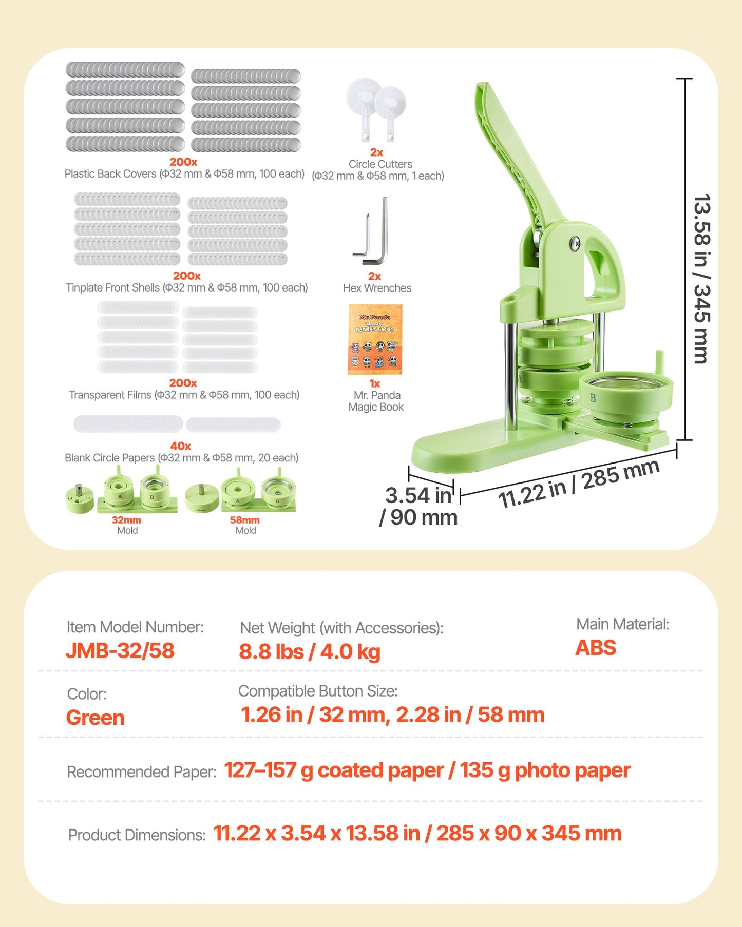 Knappmaskin, 32 mm / 58 mm 2-i-1, Plastnålstillverkare med 200 st knappdelar, Cirkelskärare och Magisk Bok, Förstärkt Ergonomiskt Handtag, För DIY-Brickor, Personliga Nålar, Grön
