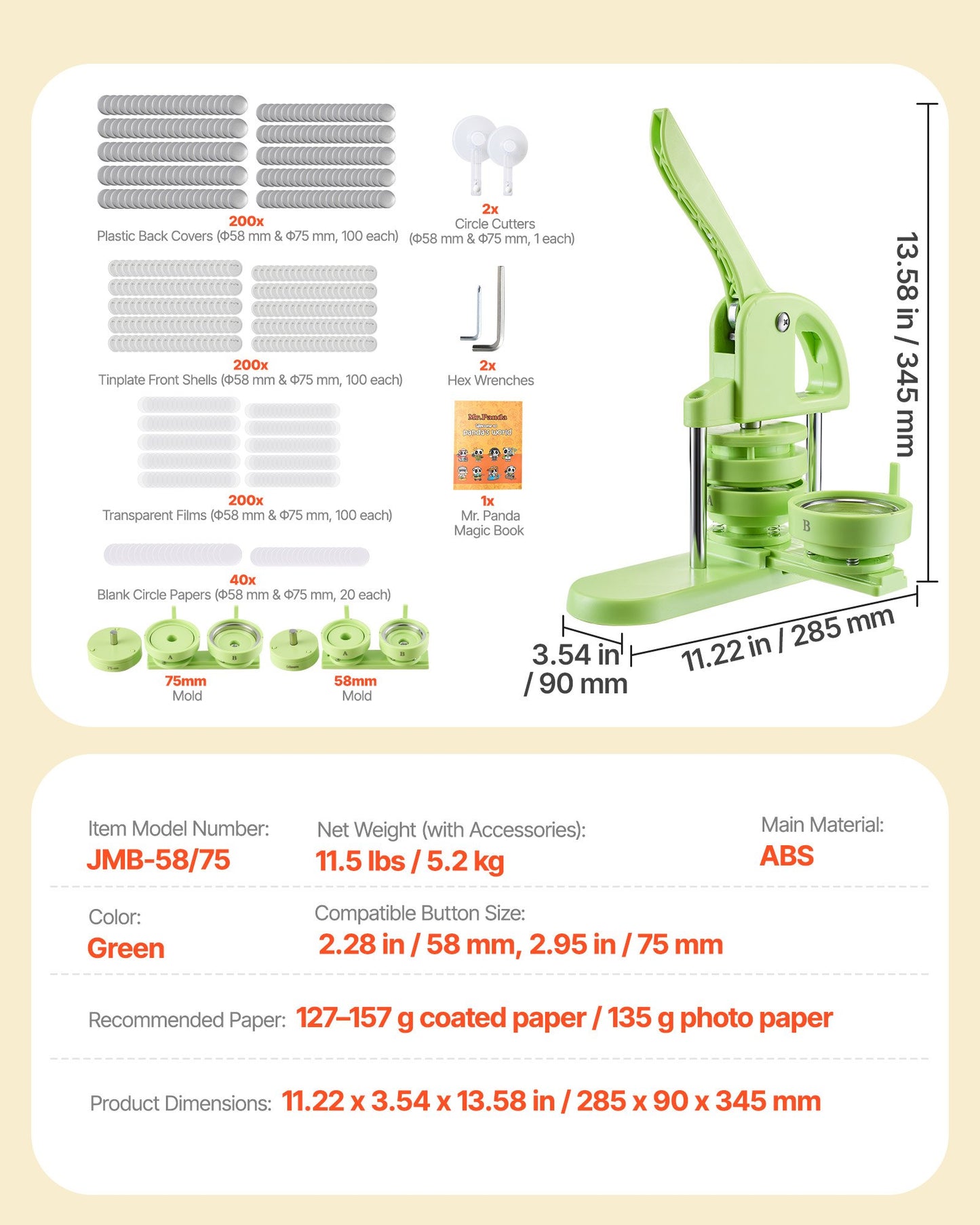 Knappmaskin, 58 mm / 75 mm 2-i-1, Plastnålstillverkare med 200 st knappdelar, Cirkelskärare och Magisk Bok, Förstärkt Ergonomiskt Handtag, För DIY-Brickor, Personliga Nålar, Grön