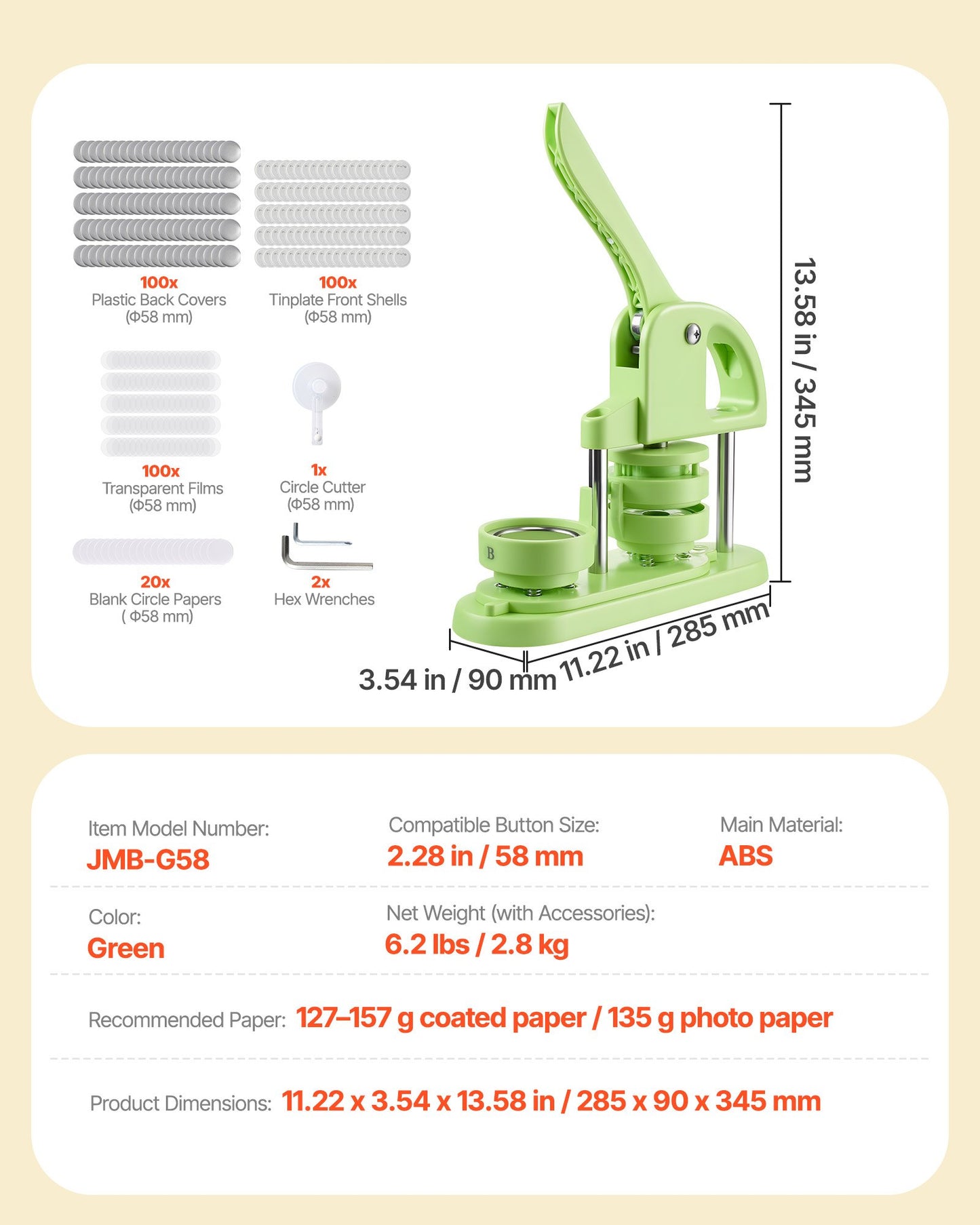 Knappmaskin, 58 mm, plastnålstillverkare med 100 st knappdelar, cirkelskärare och insexnycklar, förstärkt ergonomiskt handtag, för gör-det-själv-märken, personliga nålar och nyckelringar, grön