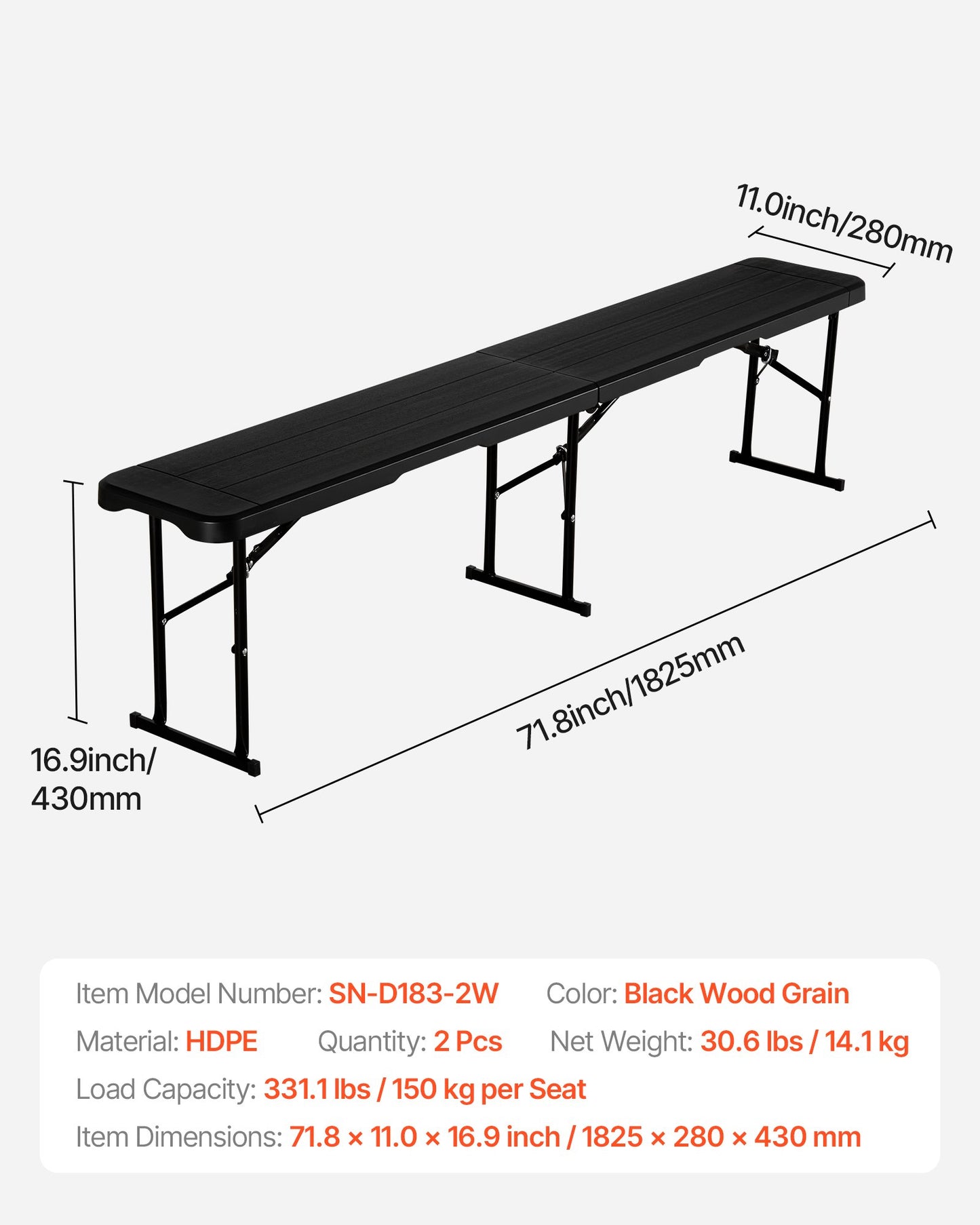 Hopfällbar plastbänk, 1,8 meter lång bärbar bänk för utomhuspicknick, fest, camping, middag, hopfällbar slät HDPE-sits för trädgårdsfotboll, mångsidiga underhållningsaktiviteter, 2-pack, 2 bärväskor, svart