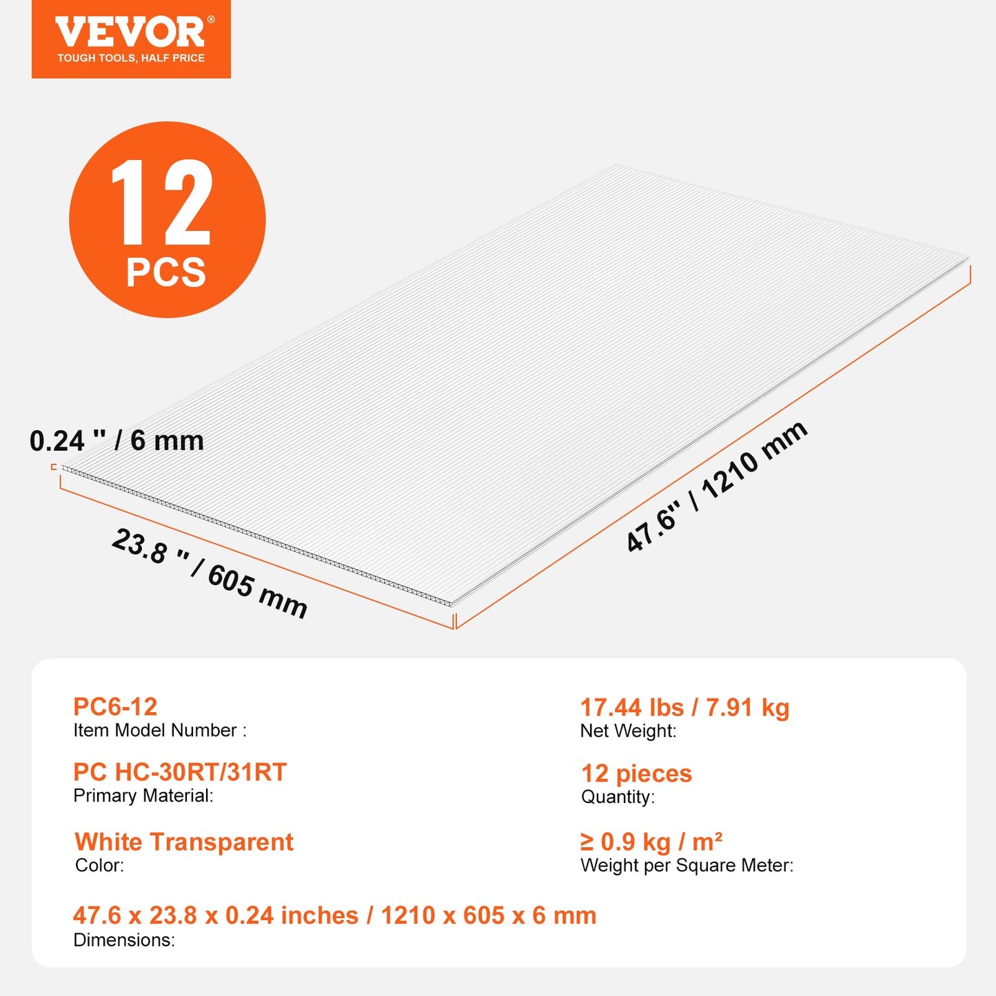 12-pack polykarbonat växthuspaneler, 2' x 4' x 0,24'' takpaneler, vattentät UV-skyddad korrugerad plasttakläggning, slagtålig genomskinlig takplåt för växthus/trädgård