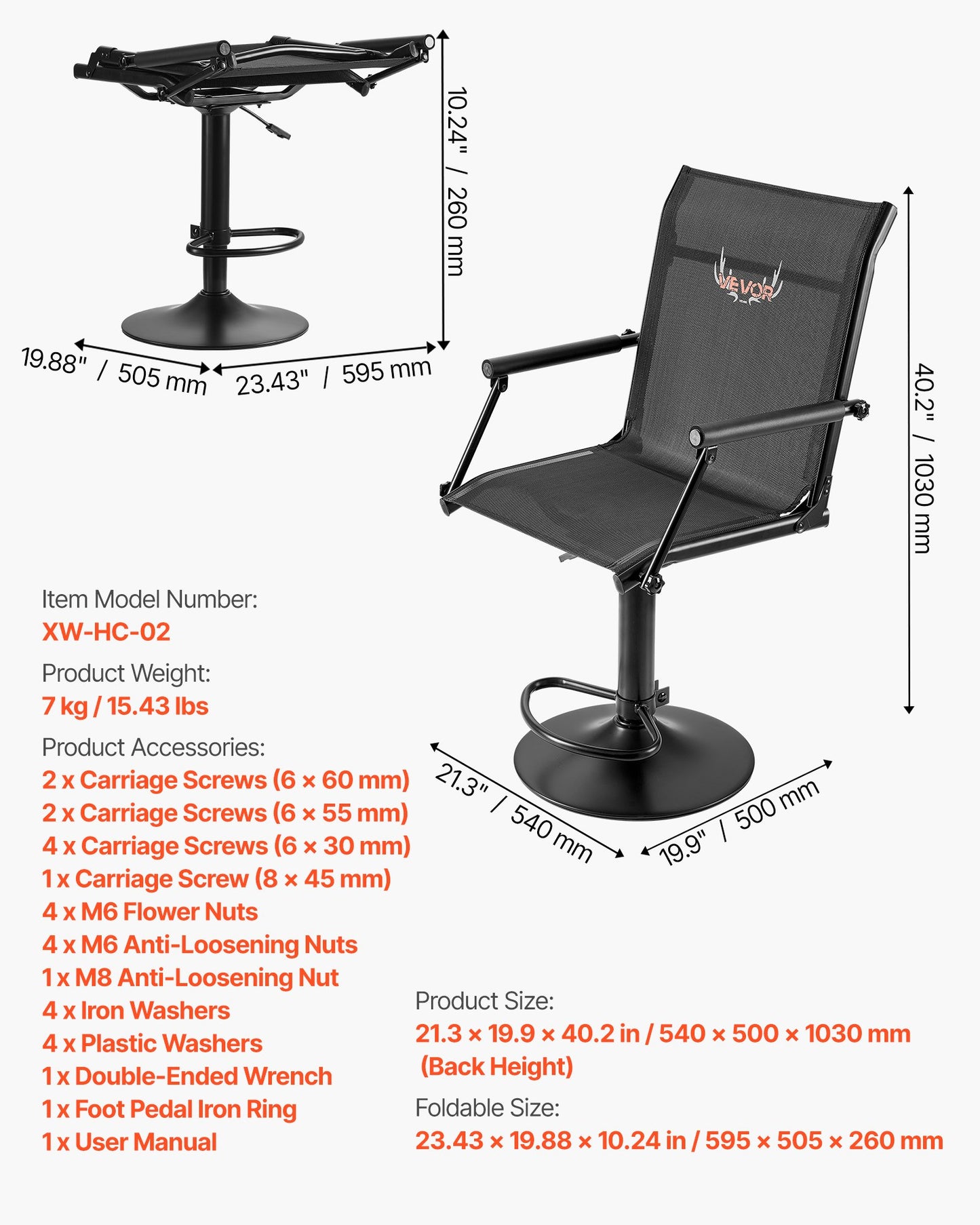 Jaktstol, 360° tyst vridbar, lättviktig blindstol, kraftig stålram, med vadderade armstöd, höjdjusterbar, 136 kg kapacitet, för utomhusfiske, camping
