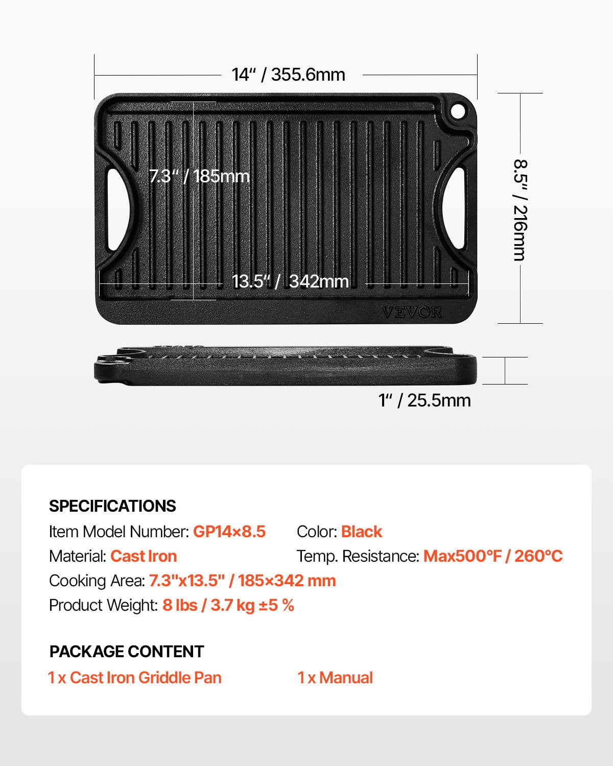 Vändbar grill/stekpanna, 14x8,5 tums förkryddat gjutjärnsstekpanna, bärbar rektangulär panna med handtag, familjeköksredskap för inomhus-/utomhusspis, gas, campinggrill, svart