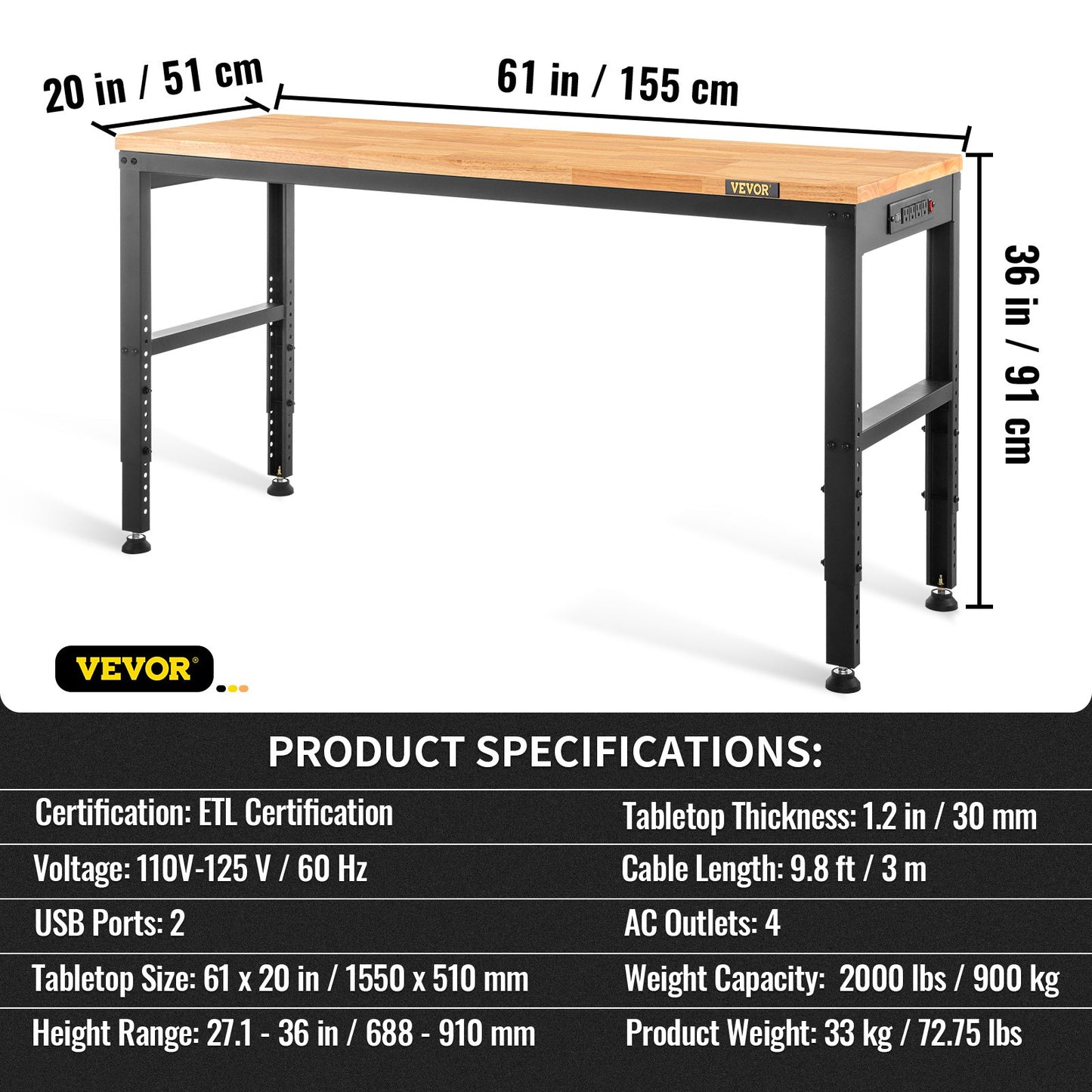 Höjdjusterbar arbetsbänk 154,9 cm L x 50,8 cm B Arbetsbord med eluttag