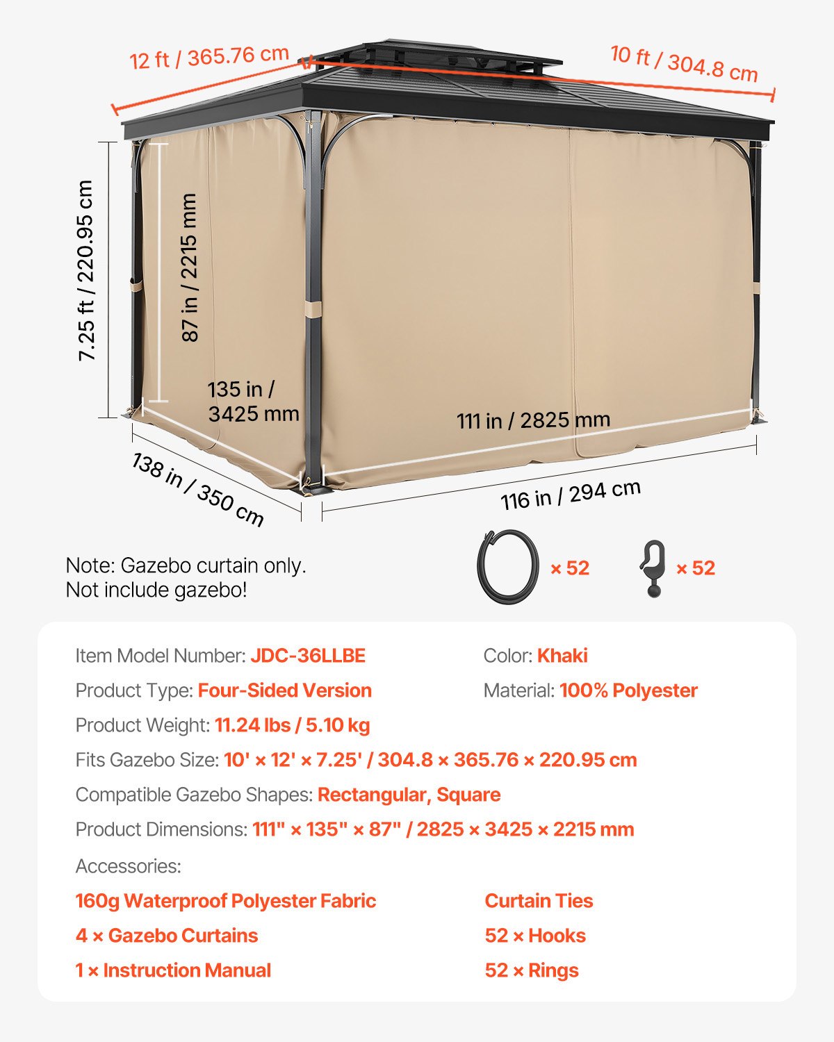 Paviljonggardiner för utomhusbruk, 3,6 x 3,8 x 2,1 m paviljonger, 4-panelers sidoväggar för paviljonger med dragkedjor, ersättning för utomhusgardin för uteplatstak, Only Curtain, khaki