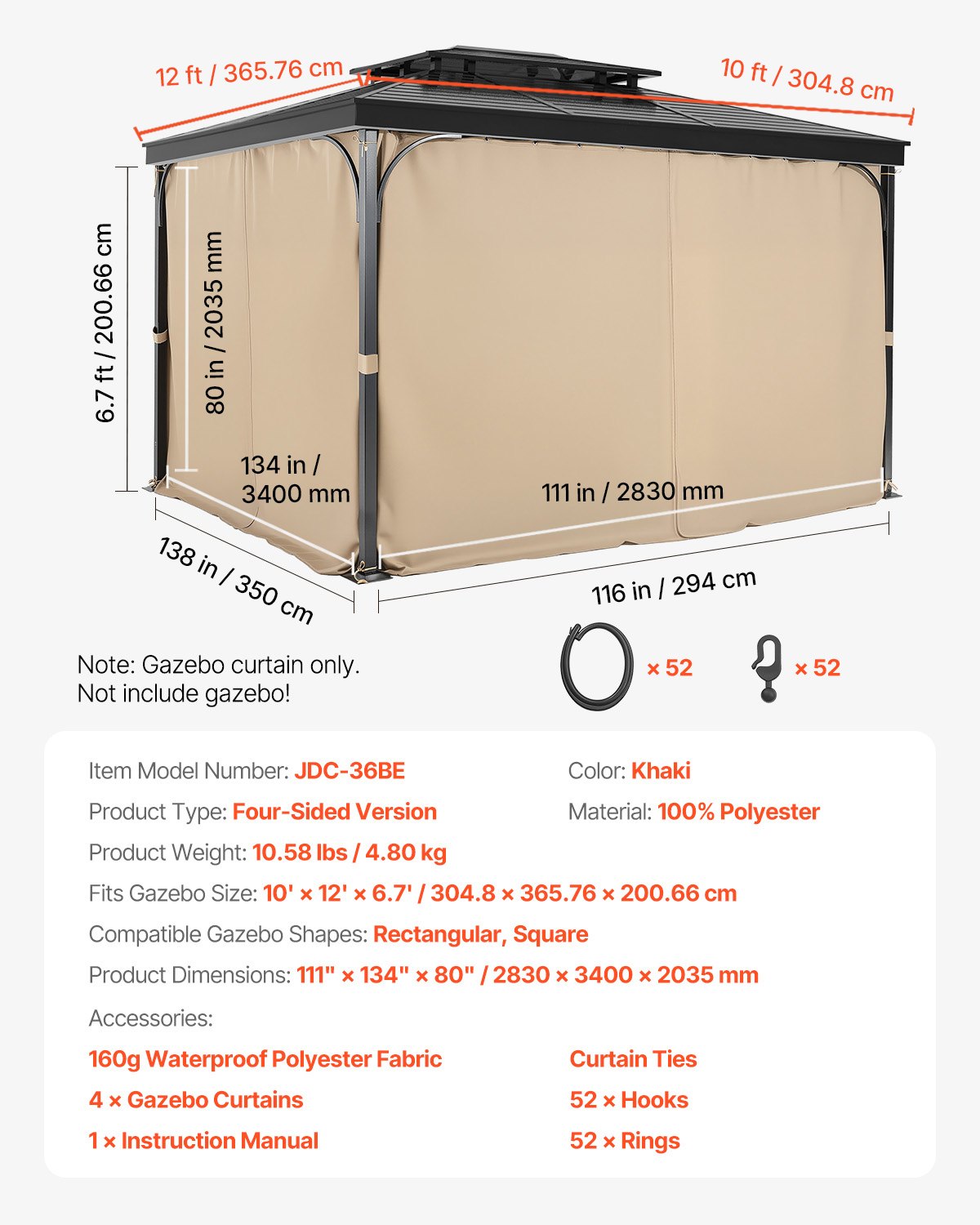 Gazebo Curtains Outdoor, Fit Most 12' x 10' x 6.7' Gazebos, 4-Panel Sidewall Gazebo Privacy Curtains with Zippers, Outdoor Curtain Replacement for Patio Canopy, Only Curtain, Khaki