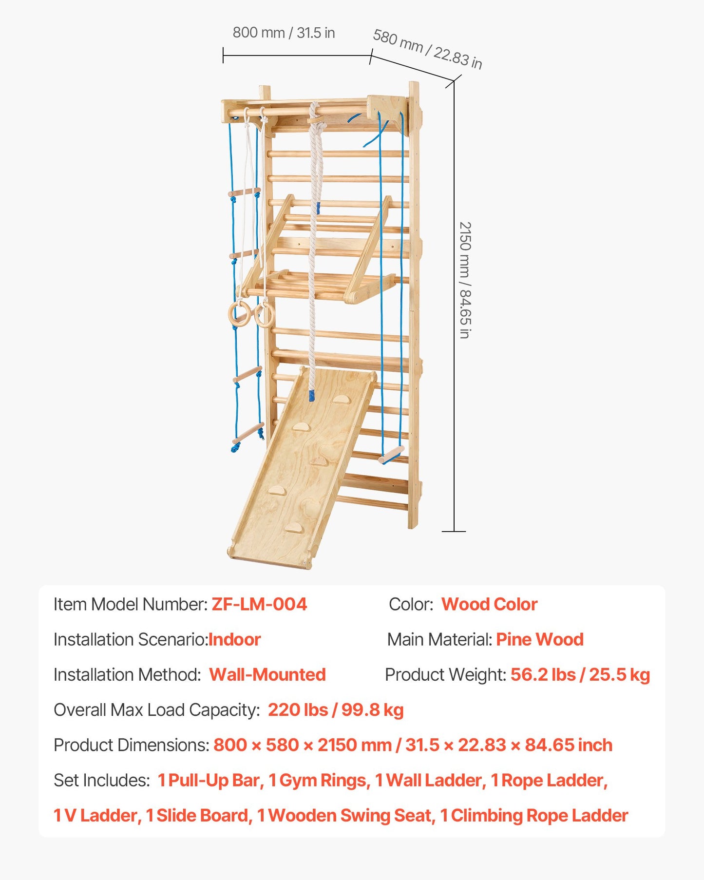 Svenskt stege-vägggym, 8-i-1 15 nivåer massivt trä inomhus klättergym, 220 kg väggmonterade ribbor klätterlekset med väggstege, glidbräda, pull-up-stång, gymringar, gungstol, repstege