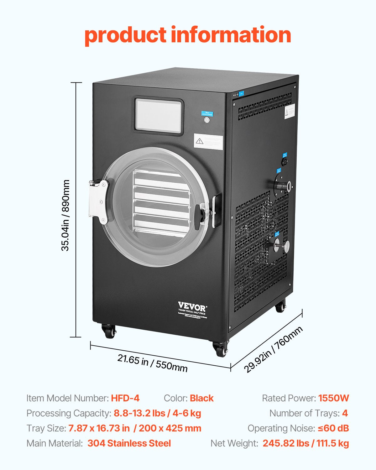 Vakuumfrystork, 8,8-13,2 lbs/batch frystorkmaskin för livsmedel med 4-lagers brickor, vakuumpump, justerbar timer och temperaturkontroll, för frukt, grönsaker och kött, svart