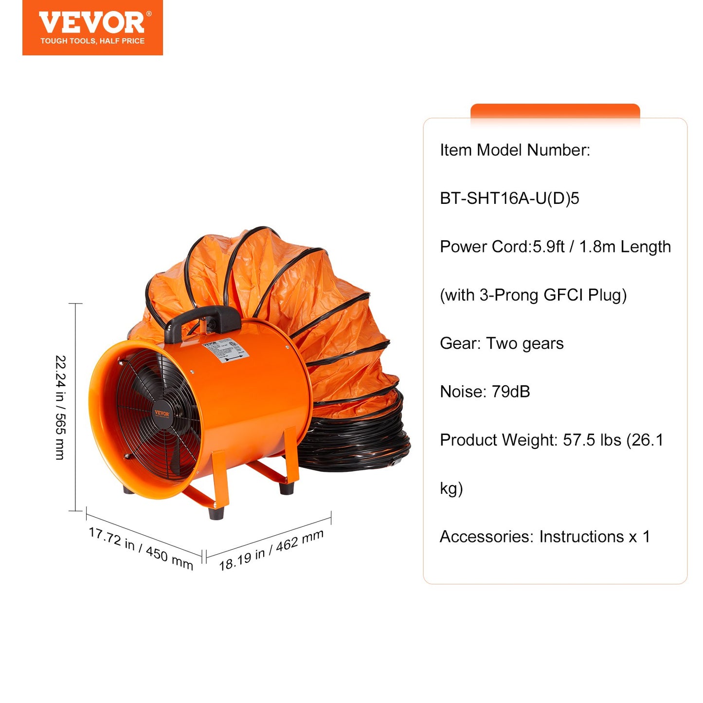 40,6 cm bärbar fläkt, 2 hastigheter 5175 CFM höghastighets industriell fläkt med 5 m flexibel slang, axial frånluftsfläkt för källare, verkstäder, lager, orange