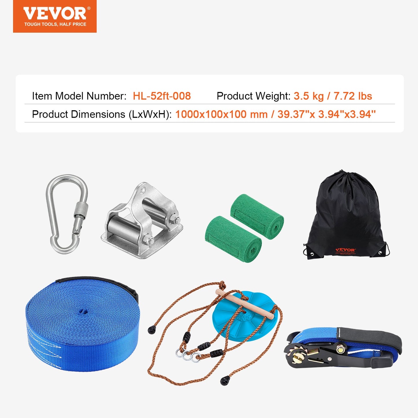 Zipline Kit for Kids and Adult, 52 ft Zip Line Kits Up to 500 lb, Backyard Outdoor Quick Setup Zipline, Playground Entertainment with Zipline, Nylon Safety Harness, Seat, and Handlebar