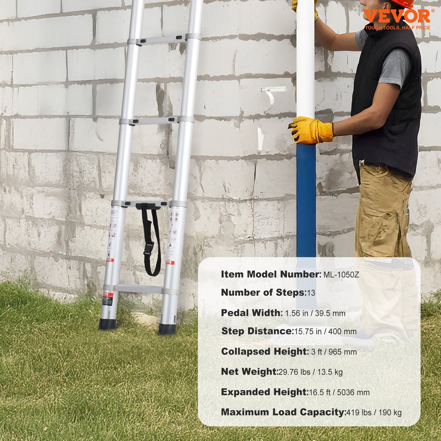 Teleskopstege, 16,5 fot lätt förlängningsstege i aluminium, hopfällbar stege med flera knappar, kapacitet 419 pund med halkfria fötter, bärbara kompakta stegar för hem, husbil, loft