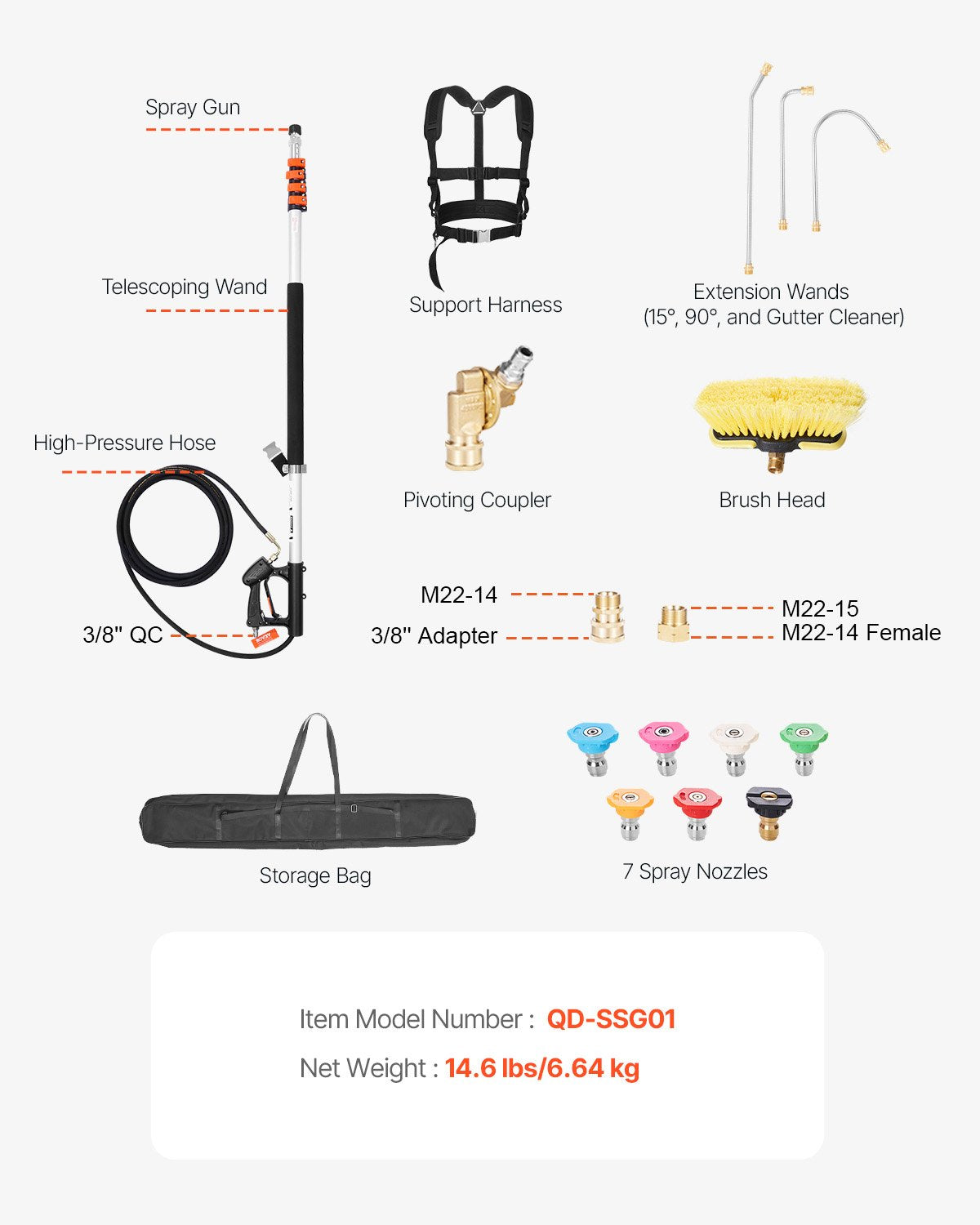 Teleskopstav för högtryckstvätt, 7,2 m, 4000 psi, teleskopisk sprutstav med förlängningsstavar för högtryckstvätt, hängrännrengörare, borsthuvud, svängbar koppling, 7 sprutmunstycken och stödsele