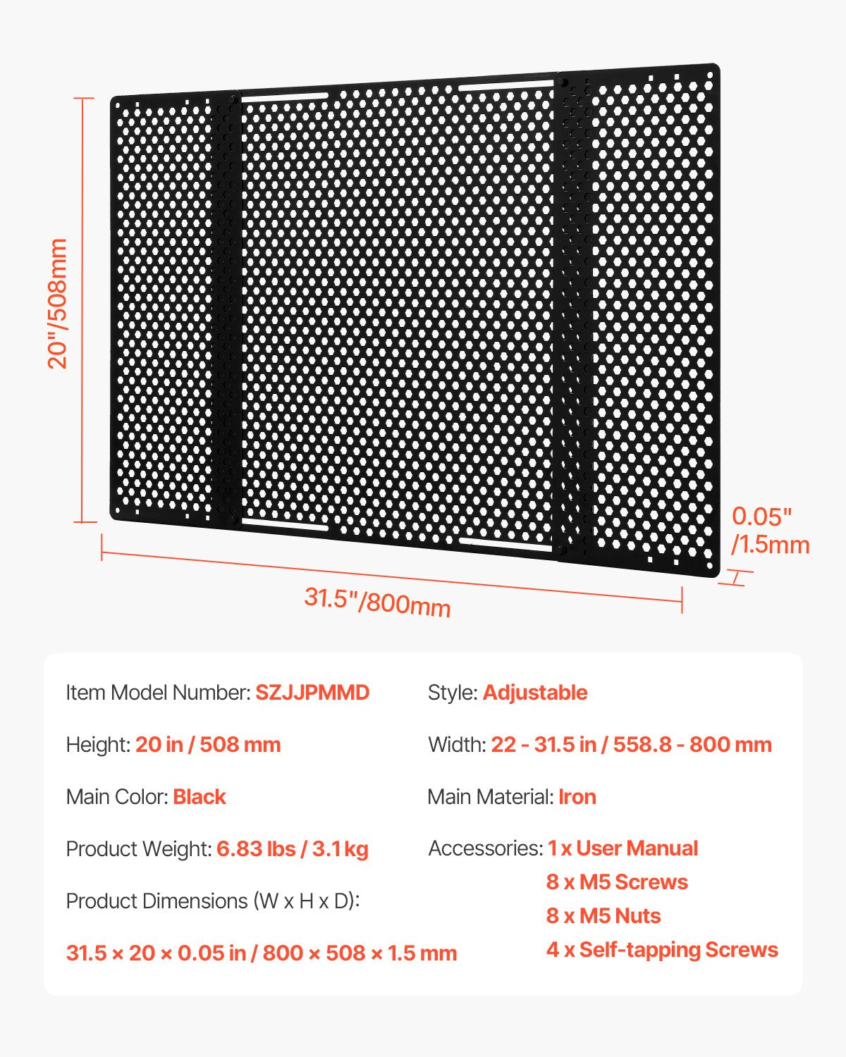 Skydd för husbilsdörr, justerbar från 558,8–800 mm, justerbart dörrgaller, enkel att installera, förstärkta, andningsbara bikakehål, järnskydd för husdjur, svart