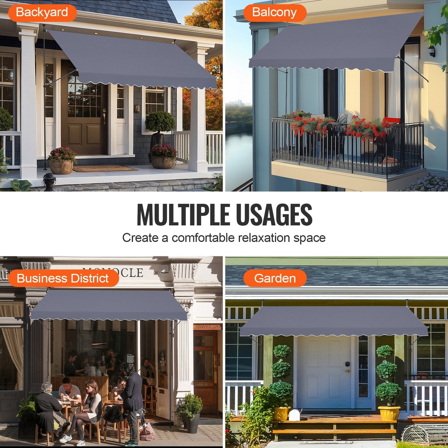 157 x 47" utdragbar markis, markis med manuell vev, solskydd för utomhusbruk, justerbar höjd från 86 till 122 tum, för uteplats/balkong/trädgård, mörkgrå