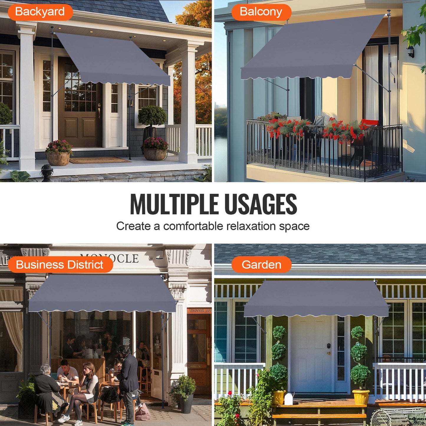 232 x 112 cm utdragbar markis, markis med manuell vev, solskydd för utomhusbruk, justerbar höjd från 226 till 360 cm, för uteplats/balkong/trädgård, mörkgrå