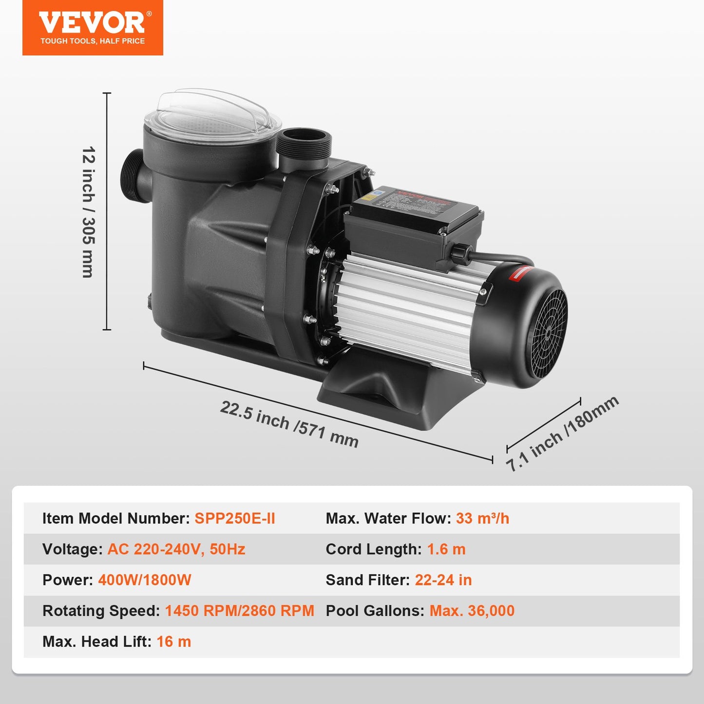1500 W (2 hk) ovanmarkspump för pool, 220V-240V, 1450/2860 varv/min. Pump med dubbla hastigheter, 1800W, 33000 l/h maxflöde, kraftfull pump, energibesparande poolpump för ovanmarkspool, CE-certifiering