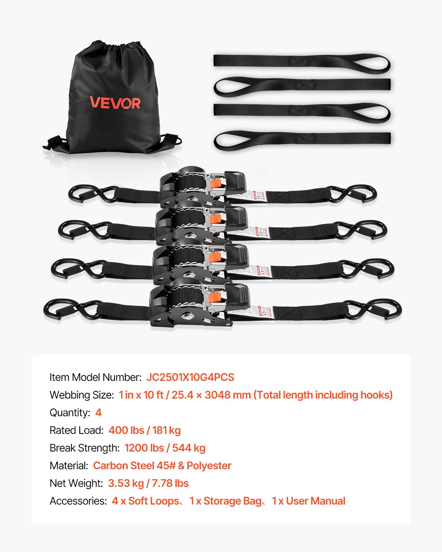 Retractable Ratchet Straps, 25.4 mm x 3 m, Tie Down Straps with S Hooks, 544 kg Break Strength, 4 Soft Loops, Tie Down Ratcheting for Moving, Trailers, Motorcycles, Kayaks, Car Roof, 4 Pack